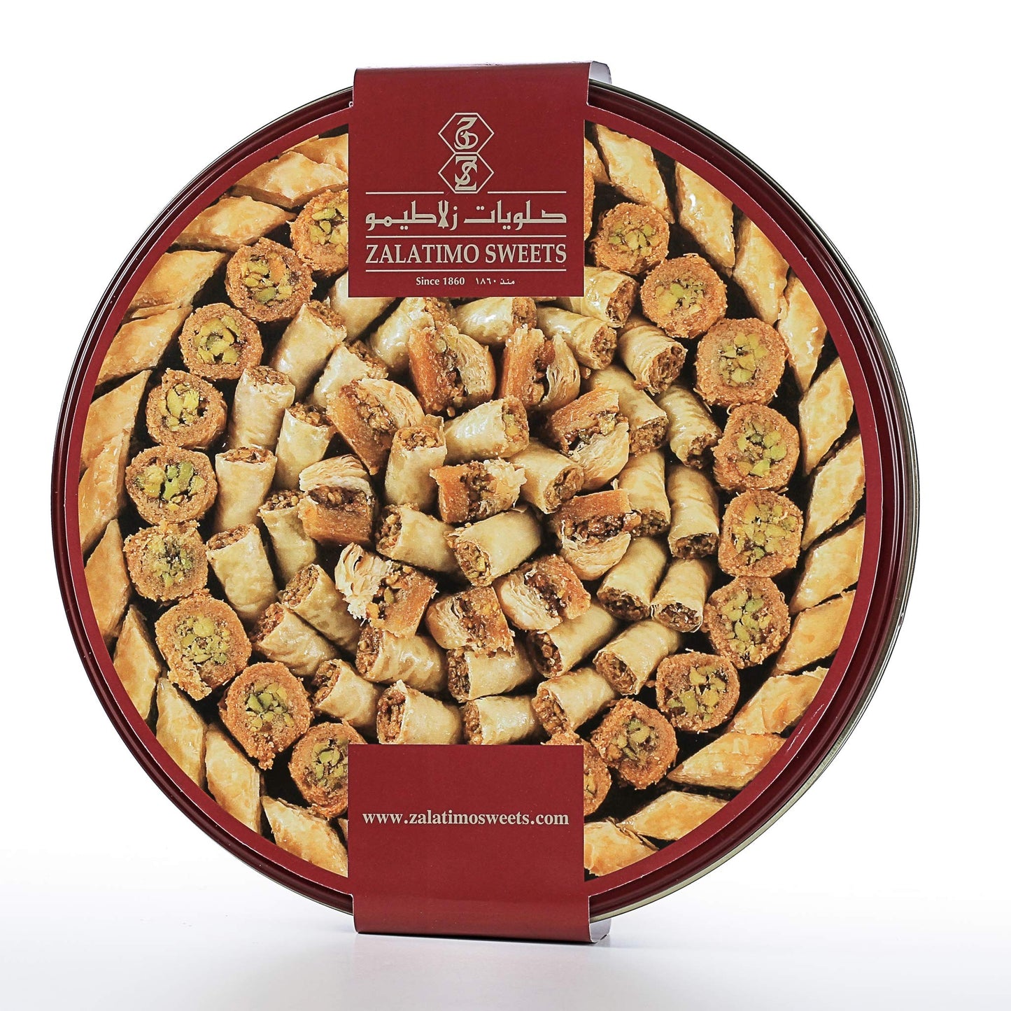 Zalatimo Sweets Since 1860, 100% All Natural Assorted Baklava, Slightly Sweet Baklava In Round Metal Gift Tin, No Preservatives,