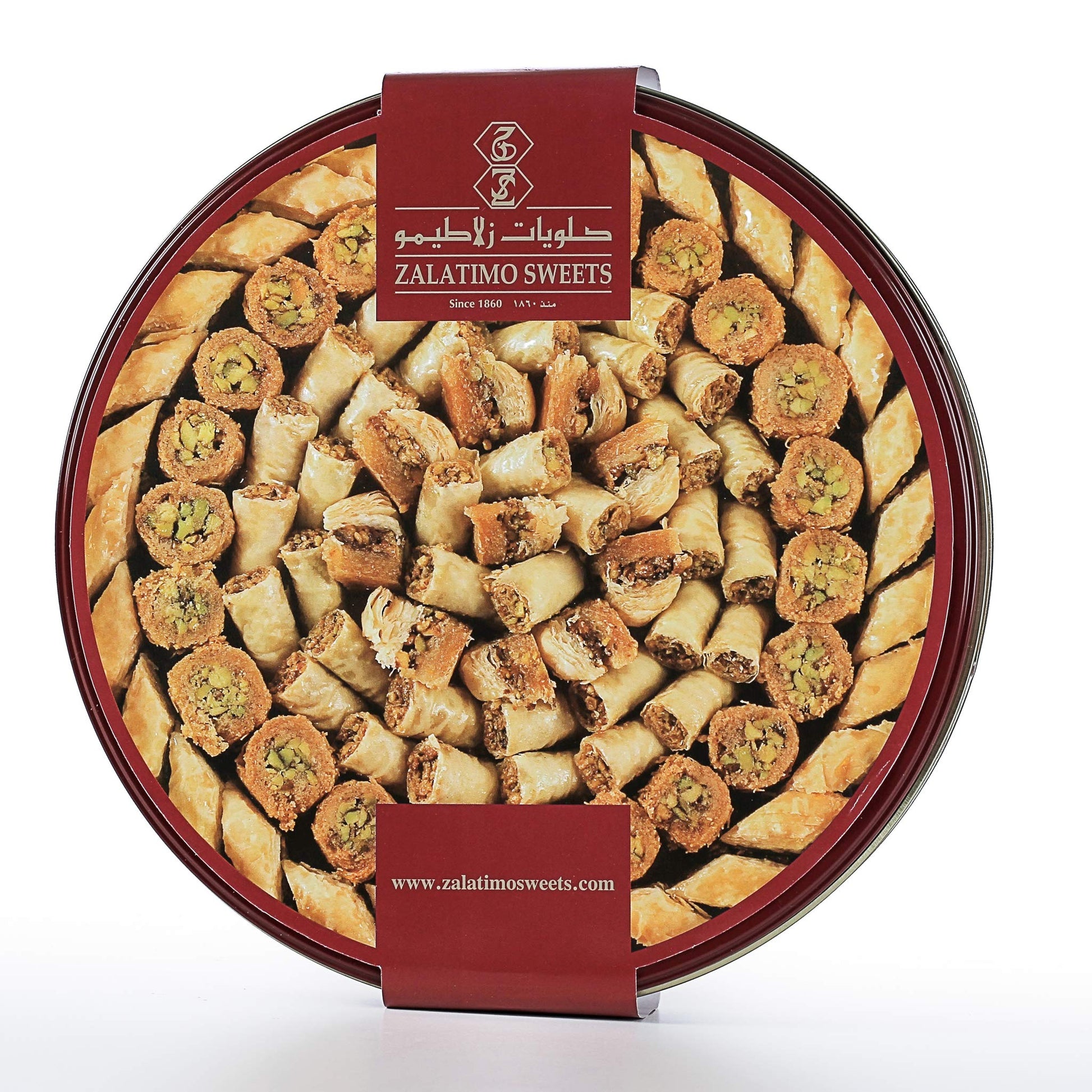 Zalatimo Sweets Since 1860, 100% All Natural Assorted Baklava, Slightly Sweet Baklava In Round Metal Gift Tin, No Preservatives,