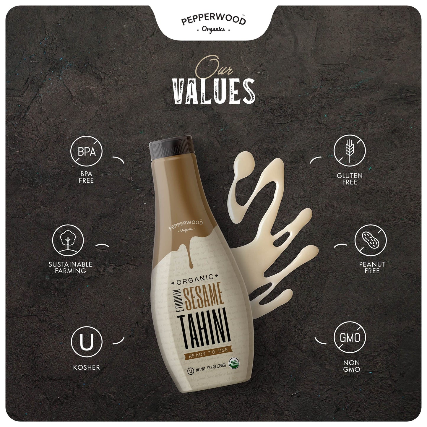 Organic Ethiopian Sesame Tahini - Squeezable Creamy & Ready Tahini Paste 12.3 Ounce (2-Pack) - Hulled, Unsalted, Non-GMO, Gluten