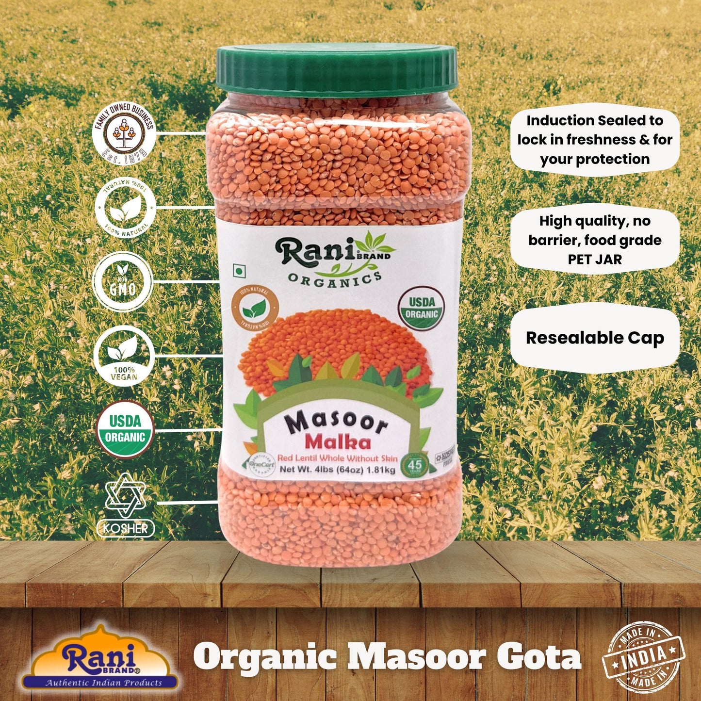 Rani Organic Masoor Gota (Football) Indian Red Lentils Skinless 64Oz (4Lbs) 1.81Kg Bulk ~ All Natural | Gluten Friendly | Non-Gm