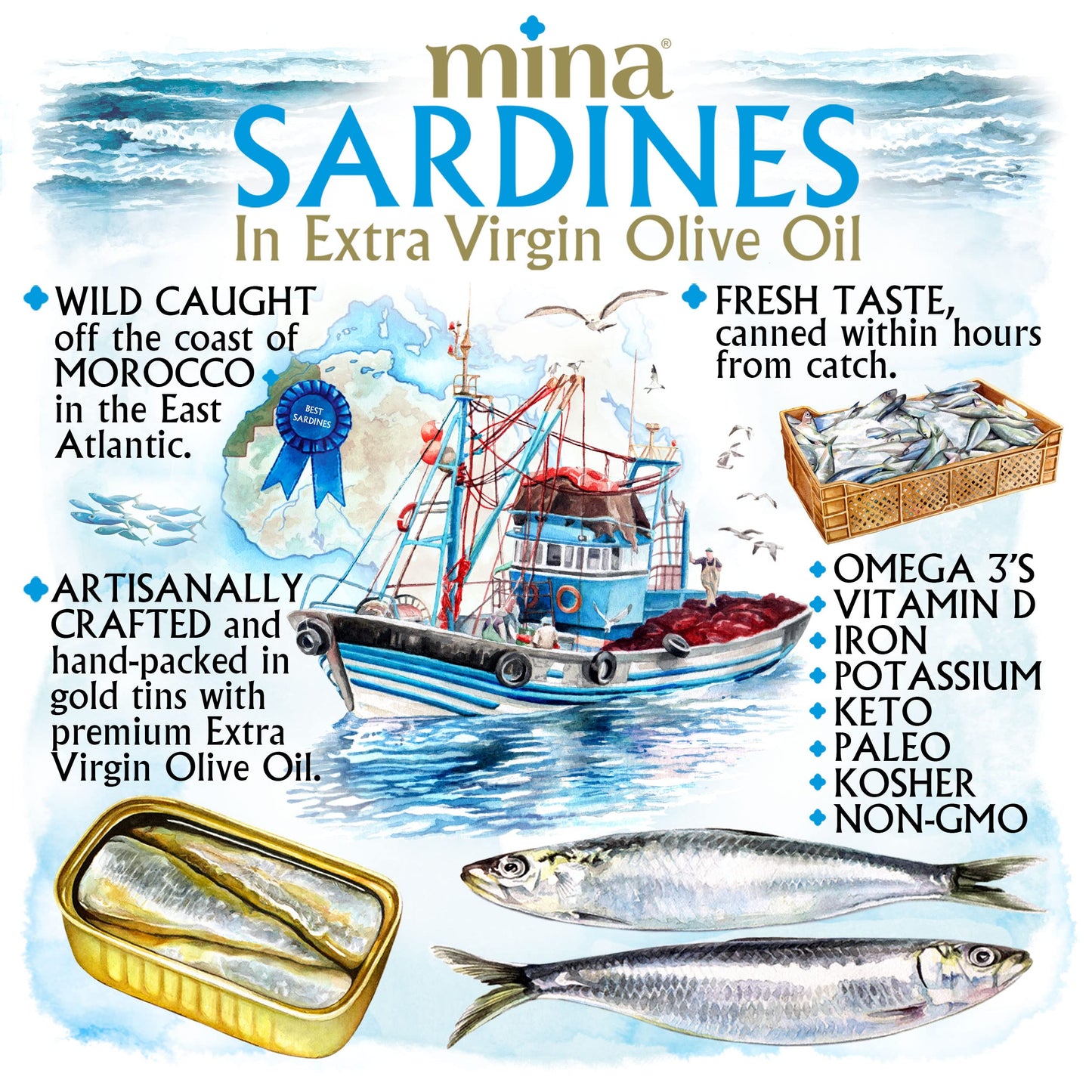 Mina Sardines in Extra Virgin Olive Oil, 4.4 oz, Wild Caught, Low Sodium, High Protein, Keto, Paleo, Pack of 12