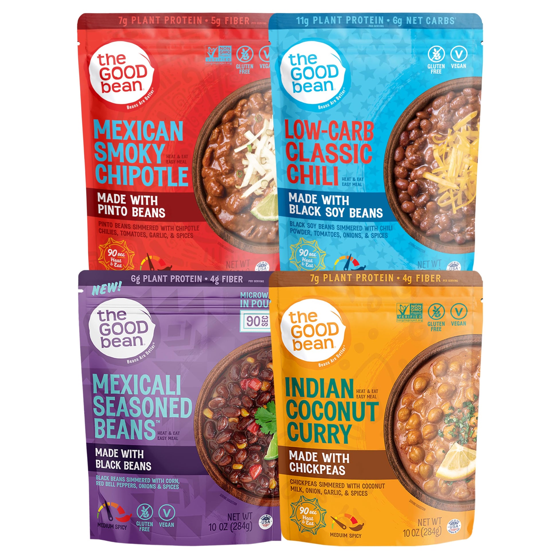 The Good Bean Heat and Eat Pouch - Variety Pack - (Pack of 4) 10 oz Pouch - Mexican Smoky Chipotle, Low-Carb Classic Chili, Mexi
