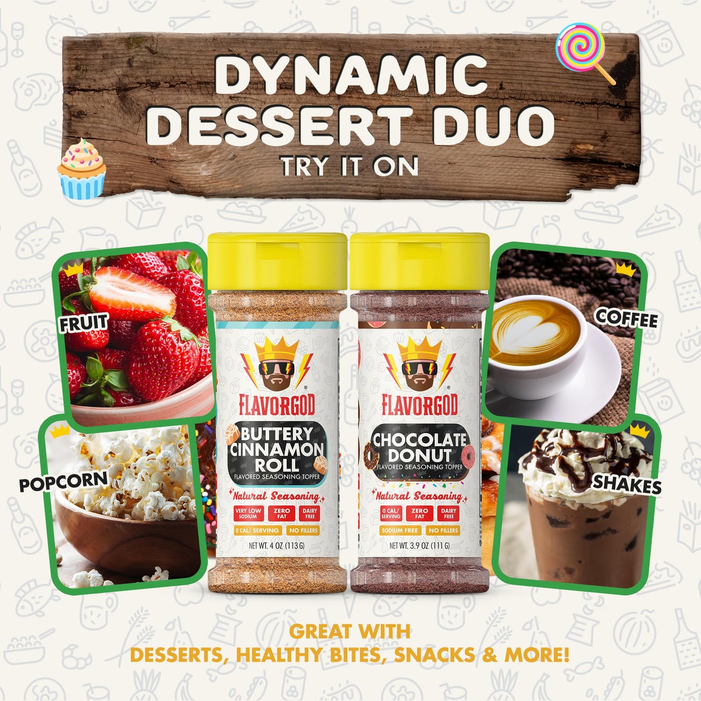 Flavor God Dynamic Dessert Duo Pack of 2 Seasoning Topper Gift Set, Buttery Cinnamon Roll & Chocolate Donut, Natural Healthy Ble