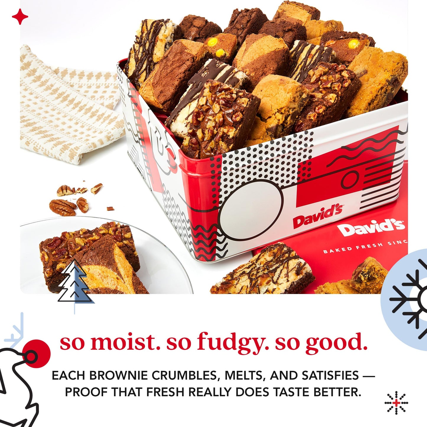 Davids Cookies Assorted Brownies in Merry Christmas Tin | Delicious Fresh Baked Gourmet Chocolate Fudge Slices Comes in Mery Ch