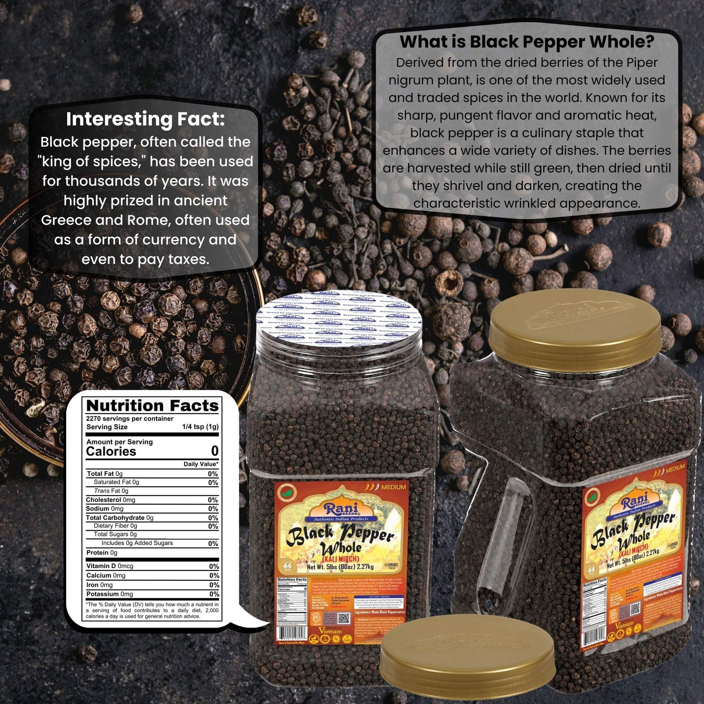 Rani Black Pepper Whole Peppercorns, Premium MG-1 Grade, 80oz (5lbs) Bulk PET Jar, Non-GMO, Kosher, Gluten Friendly, Product of Vietnam