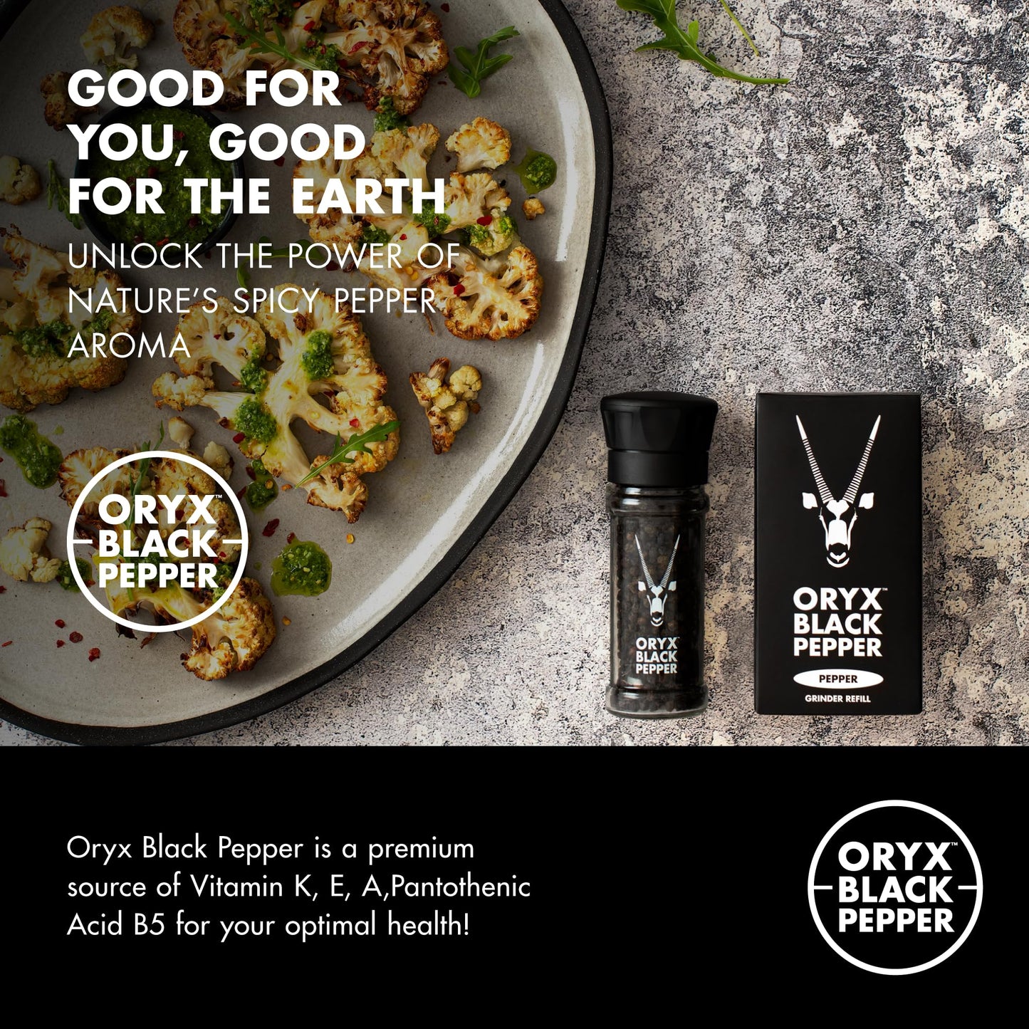 Oryx Black Pepper Refill Box - Premium Whole Black Peppercorns - 3.52oz - Refillable for Oryx Pepper Grinder - Naturally Organic