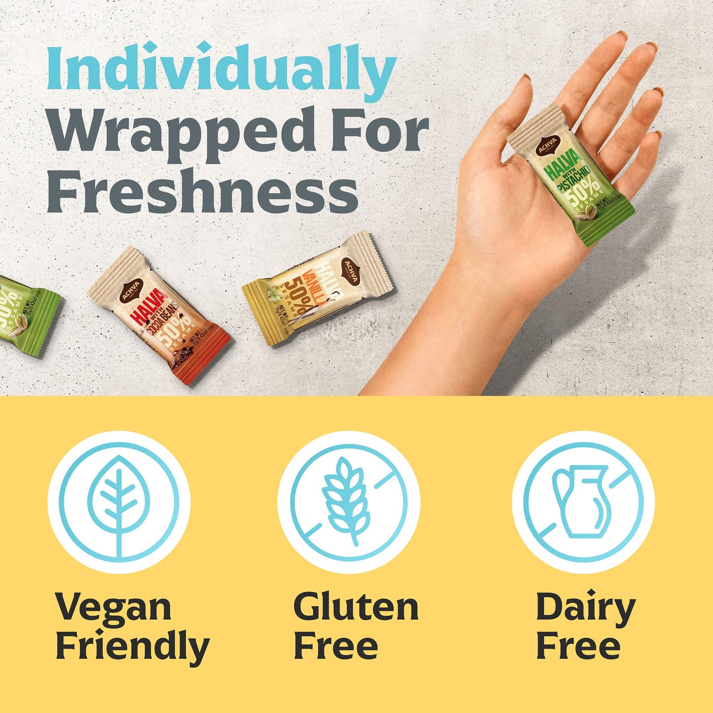 Achva Kosher Vanilla, Cocoa Beans, And Pistachio Mini Halva Bars Snack Bag 18Ct. Each Bar 0.4Oz Net Wt 7.6Oz (Pack Of 2) | Vegan