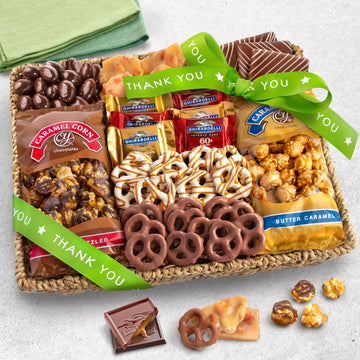 A Gift Inside Chocolate Caramel Crunch Grand Gift Basket, 32 Ounce, Thank You Gift with Snacks, Pretzels, and Ghirardelli Chocolates