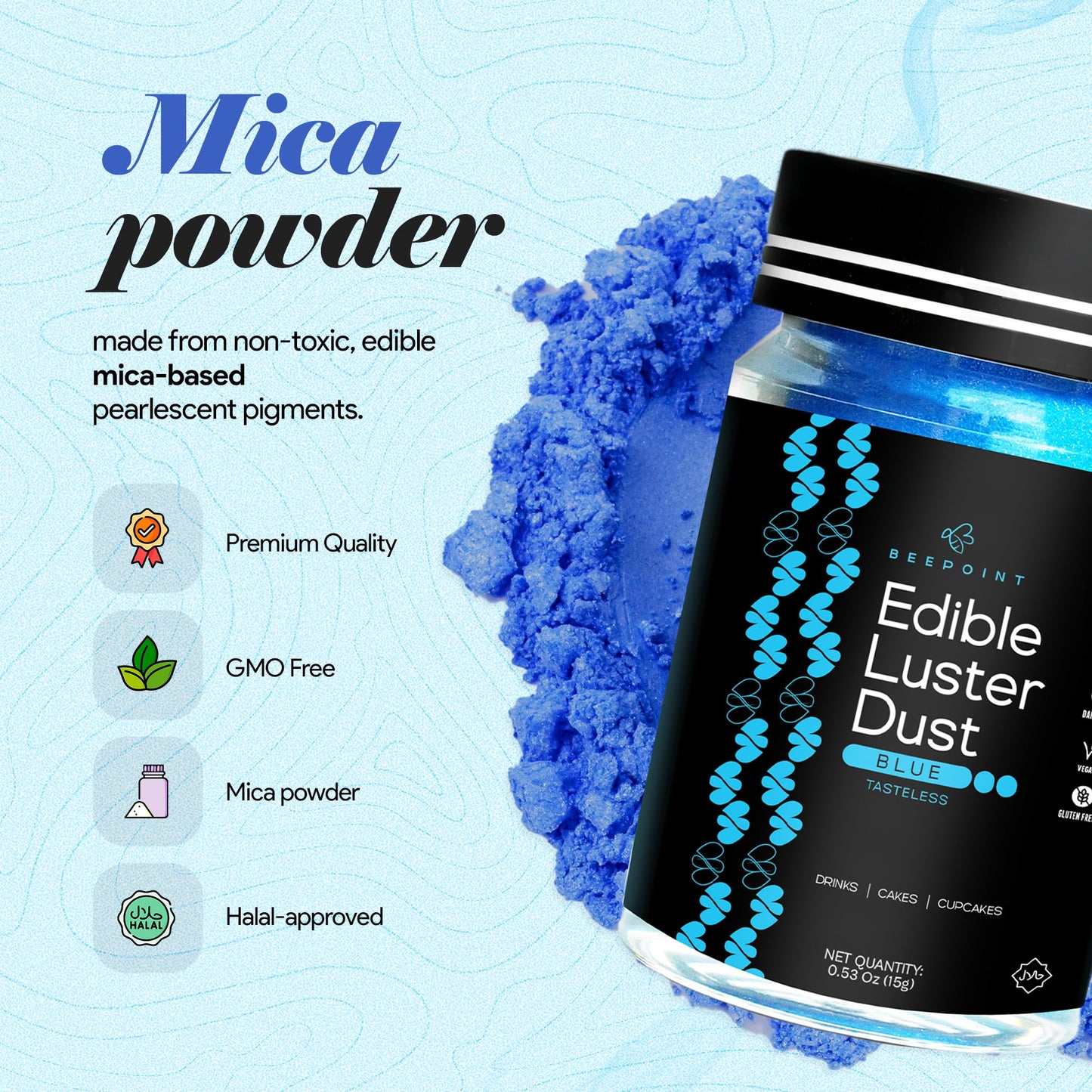 BeePoint Edible Glitter Luster Dust - Vibrant Blue Shimmer Powder for Baking & Decorating - 15g Food Grade, Vegan & Gluten Free