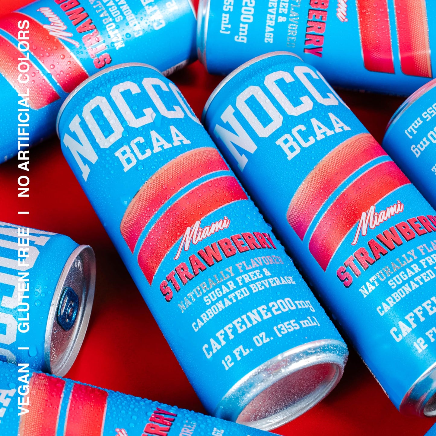 NOCCO BCAA Energy Drink - Miami Strawberry, Sugar Free, 180mg Caffeine, 12 Fl Oz Cans, Pack of 12