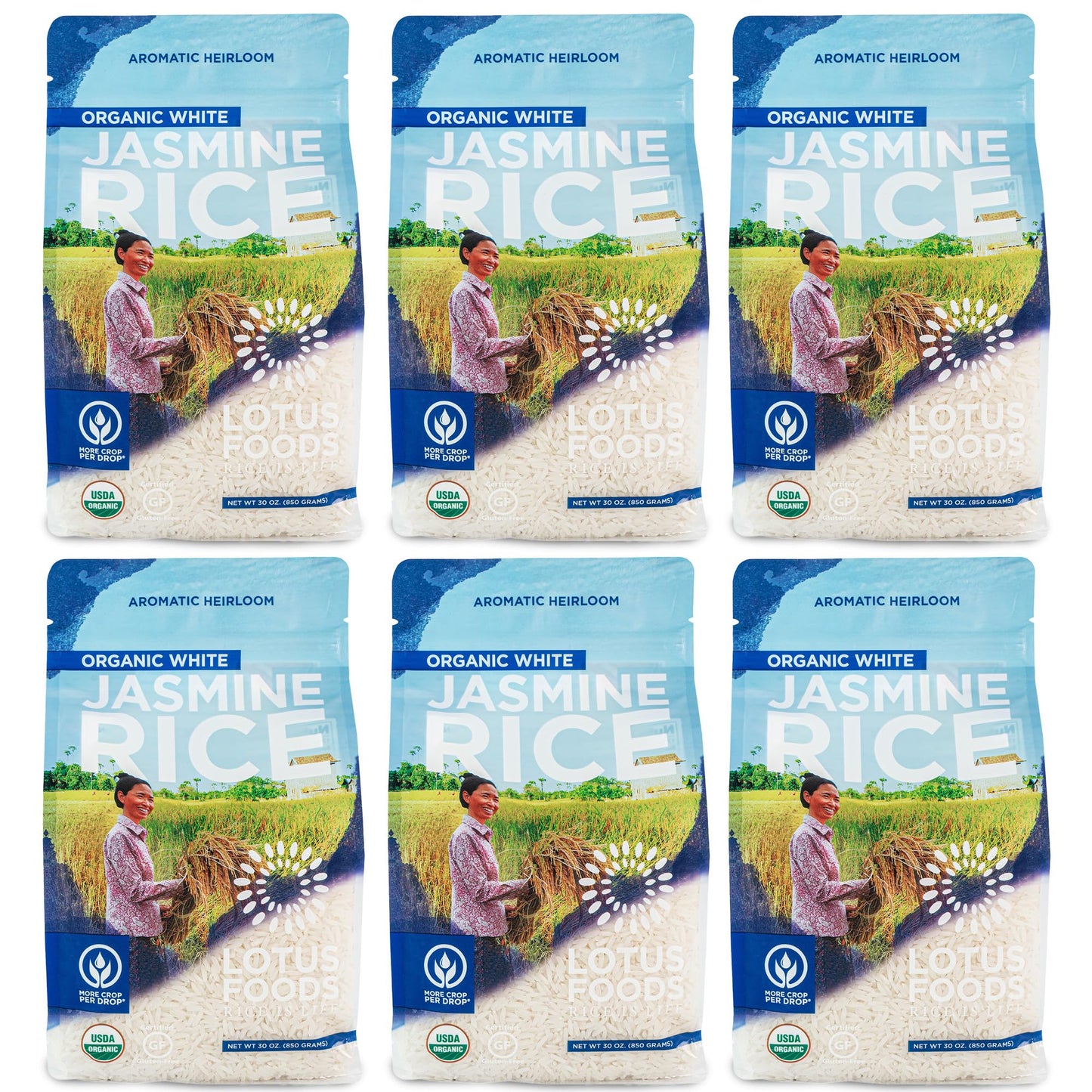 Lotus Foods Organic White Jasmine Rice - Jasmine Rice, Gluten Free White Rice, Organic Rice, Long Grain Asian Sticky Rice, Usda Organic, Vegan, Gluten Free - 30 Oz (Pack Of 6)