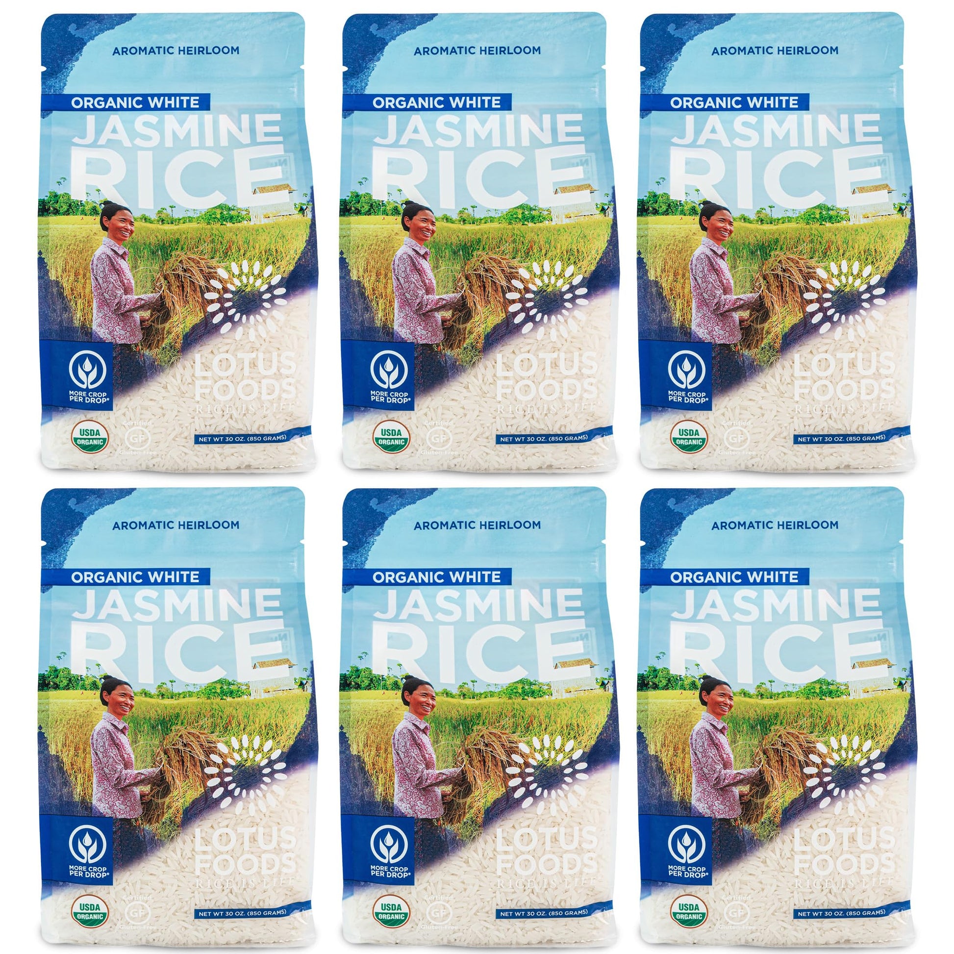 Lotus Foods Organic White Jasmine Rice - Jasmine Rice, Gluten Free White Rice, Organic Rice, Long Grain Asian Sticky Rice, Usda Organic, Vegan, Gluten Free - 30 Oz (Pack Of 6)