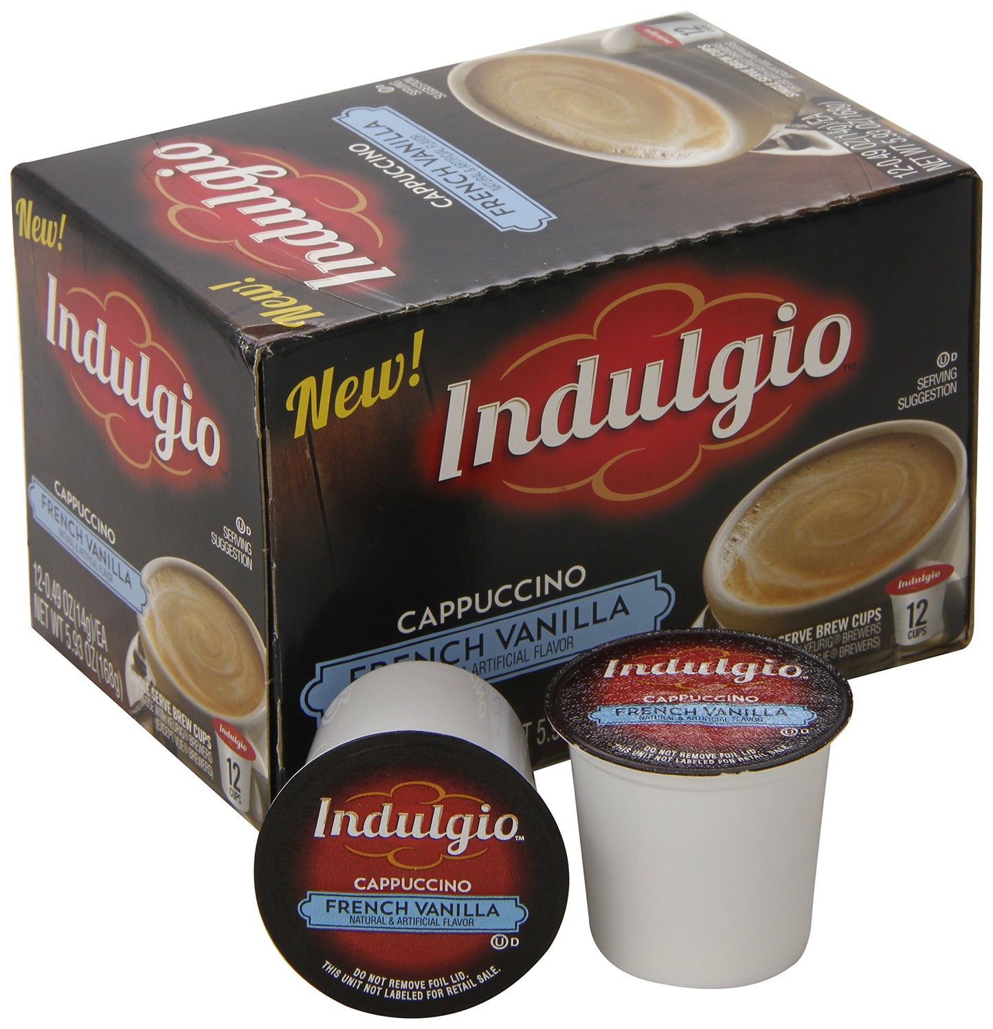 Indulgio Cappuccino Pods, French Vanilla, 12-Count Single Serve Cups for Keurig K-Cup malt-inspired, White