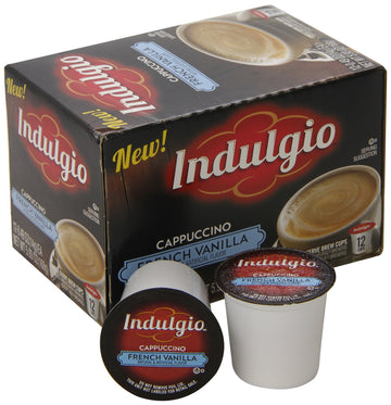 Indulgio Cappuccino Pods, French Vanilla, 12-Count Single Serve Cups for Keurig K-Cup malt-inspired, White