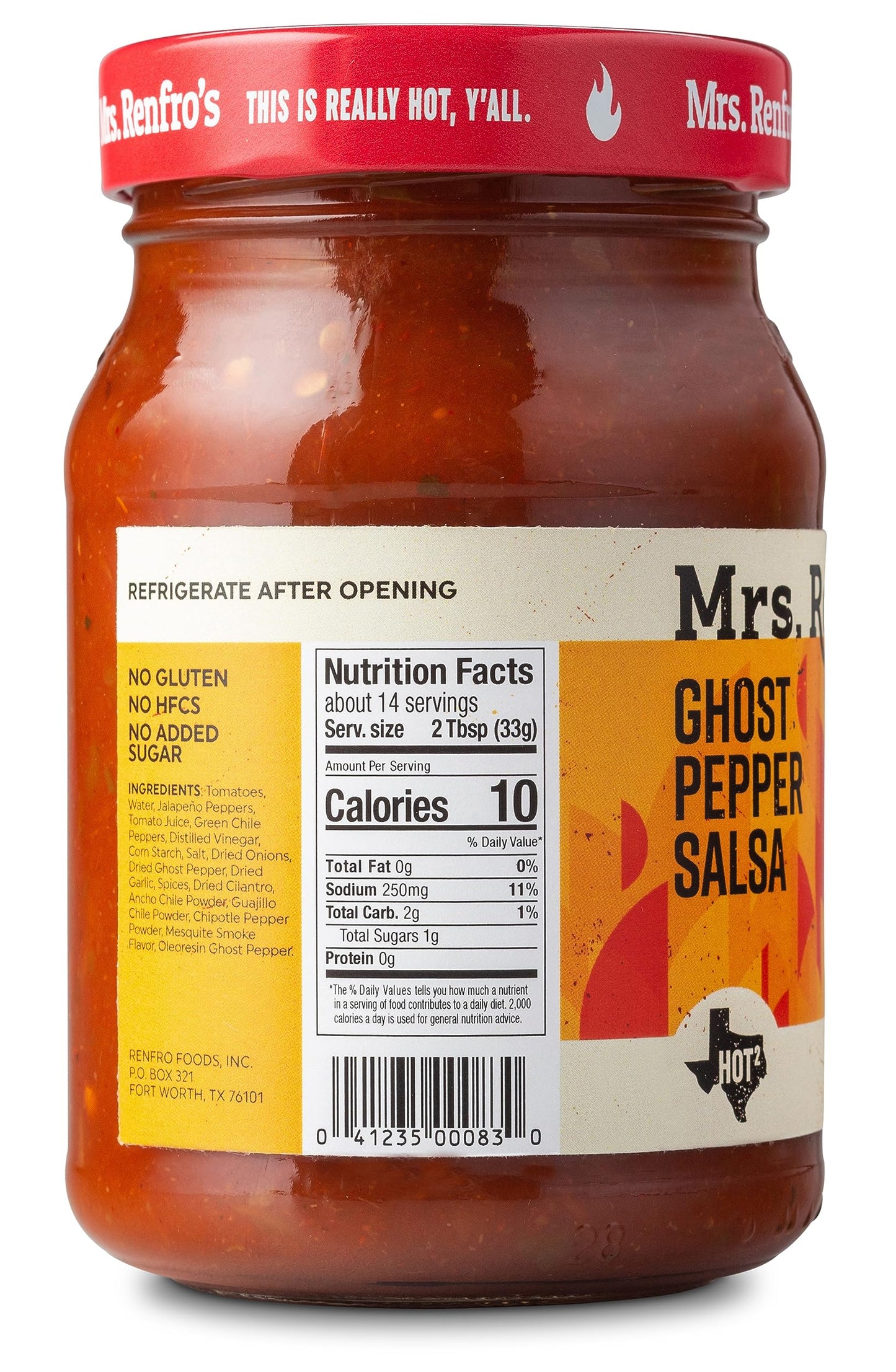 Mrs. Renfros Ghost Pepper Salsa, Gluten Free, No Added Sugar, 16-oz Jar, Pack of 4