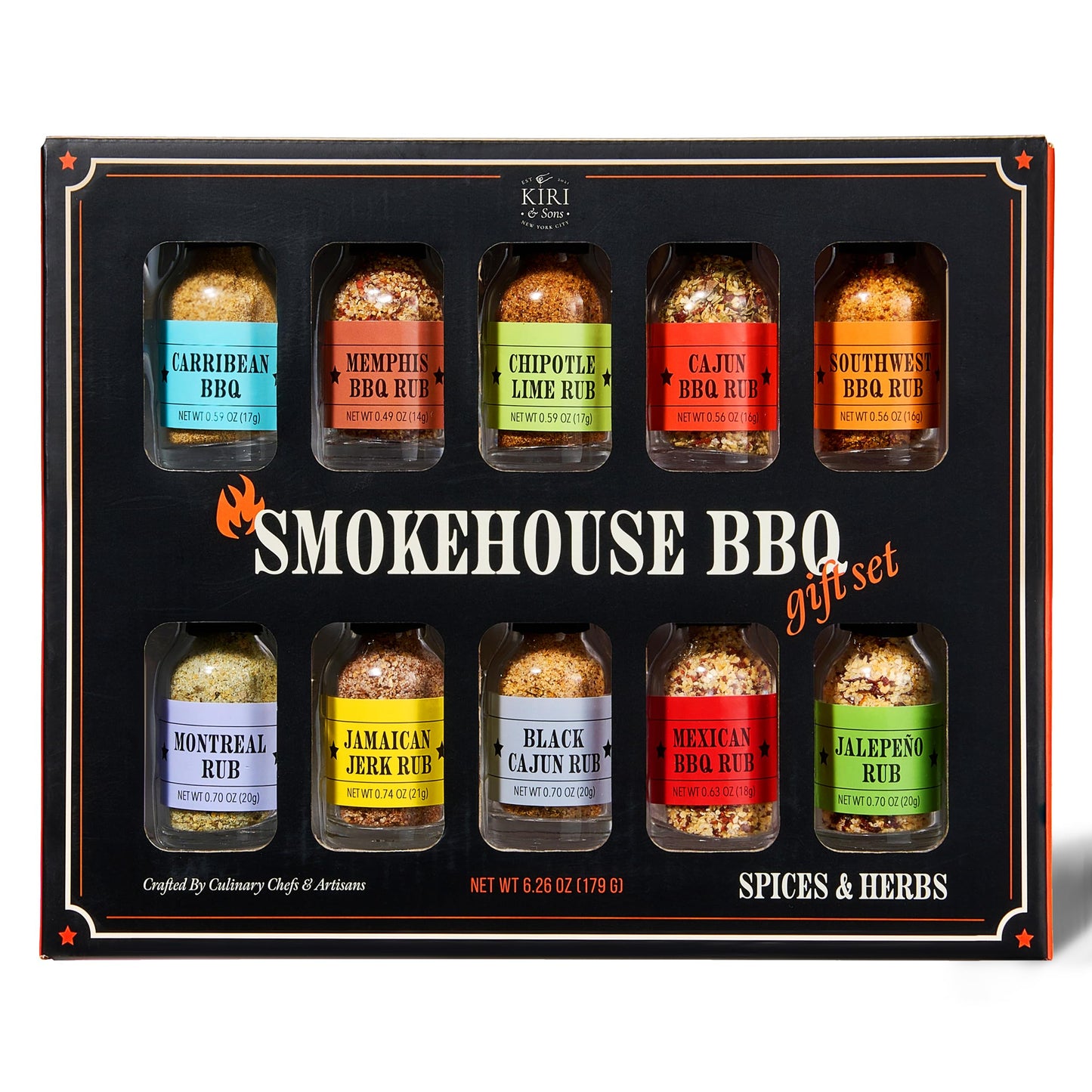 Kiri & Sons Smokehouse BBQ Gourmet Grilling Spice Set | 10-Set | Glass Bottle Seasonings, Grill Seasoning Flavors Include Caribb