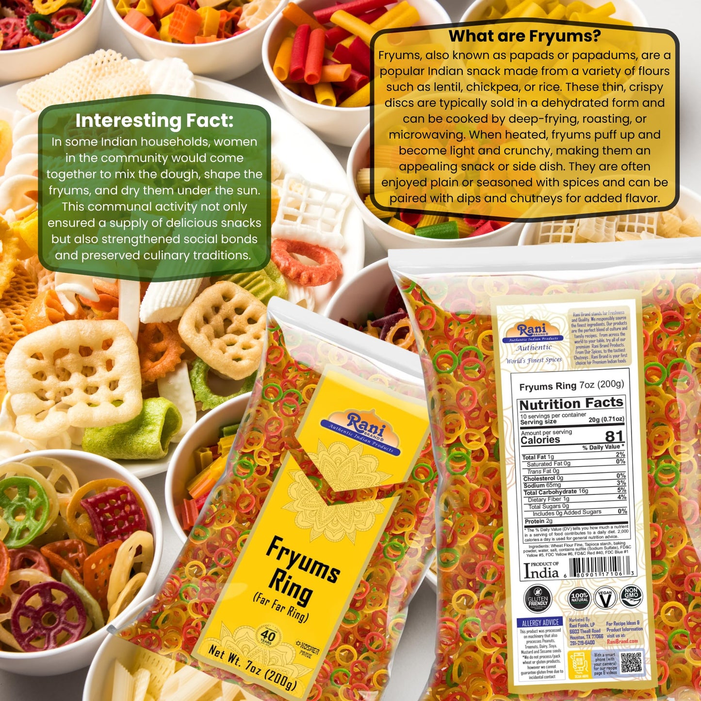Rani Fryums Wheat & Tapioca project piece Ring Shape 7oz (200g) - Vegan, Kosher, Uncooked Snack