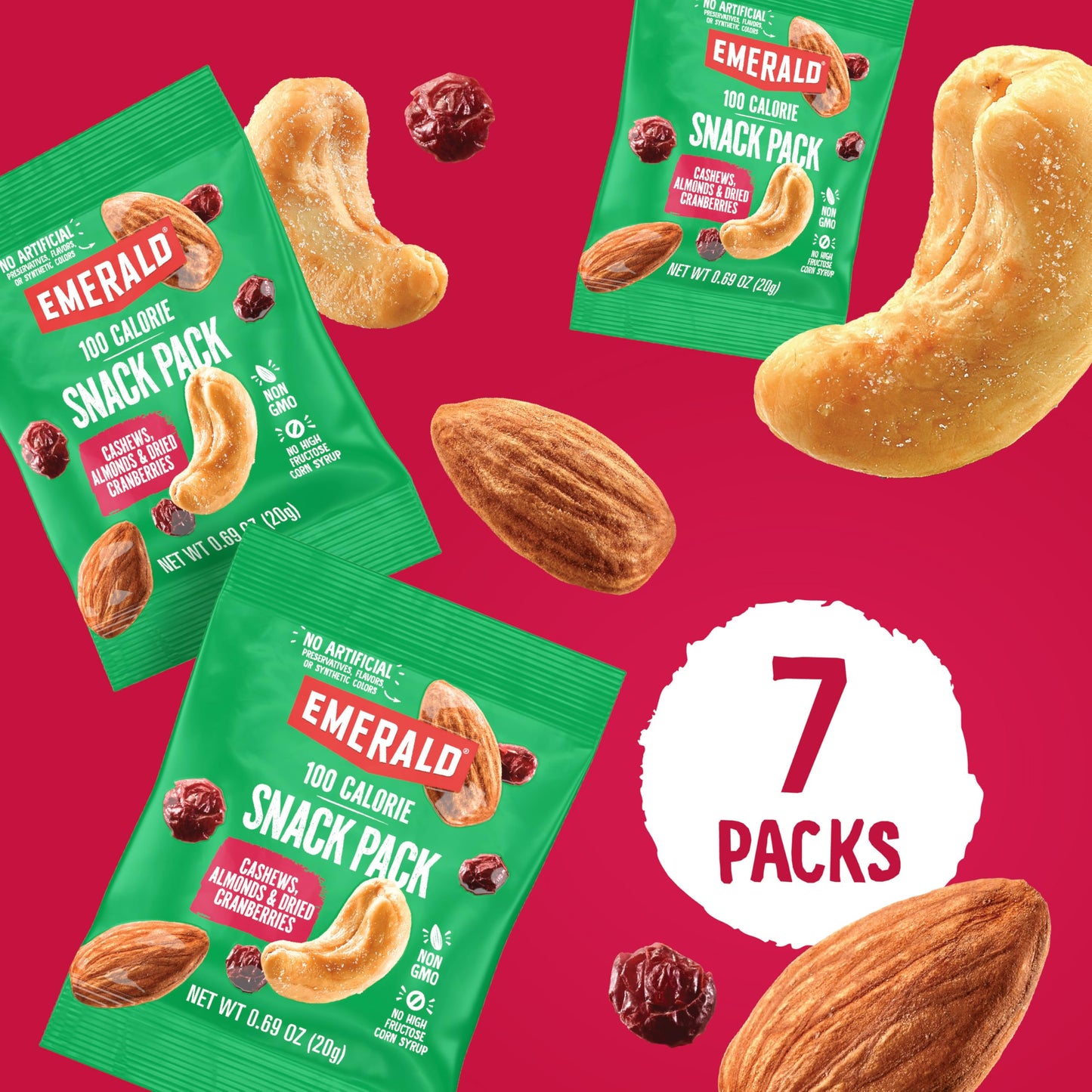 Emerald Nuts Cashews and Almonds with Dried Cranberries 7 Ct (1-Pack) | 100-Calorie Individual Packs of Nut Blend and Dried Frui