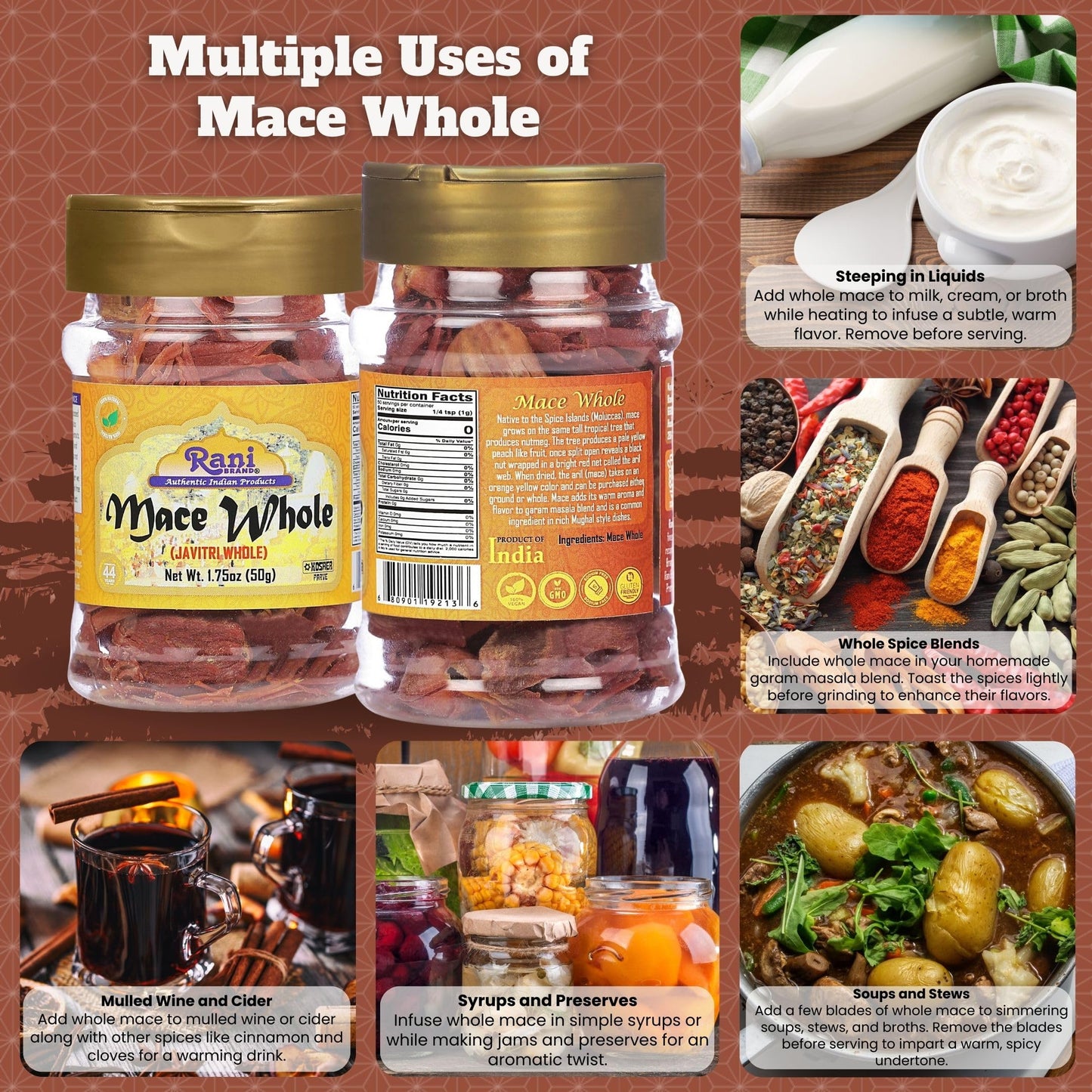 Rani Mace Whole (Javathri) Spice, All Natural, Vegan, 1.75oz (50g) PET Jar, Indian Origin