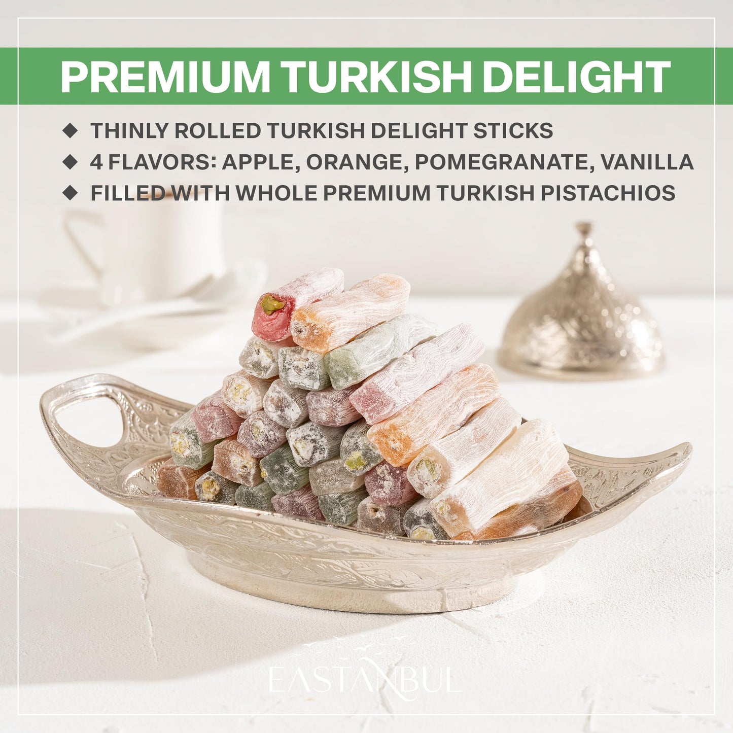 Eastanbul Turkish Delight Candy Sticks Pistachio Filled 17.6Oz, W/ 4 Flavors: Apple, Orange, Pomegranate, Vanilla International