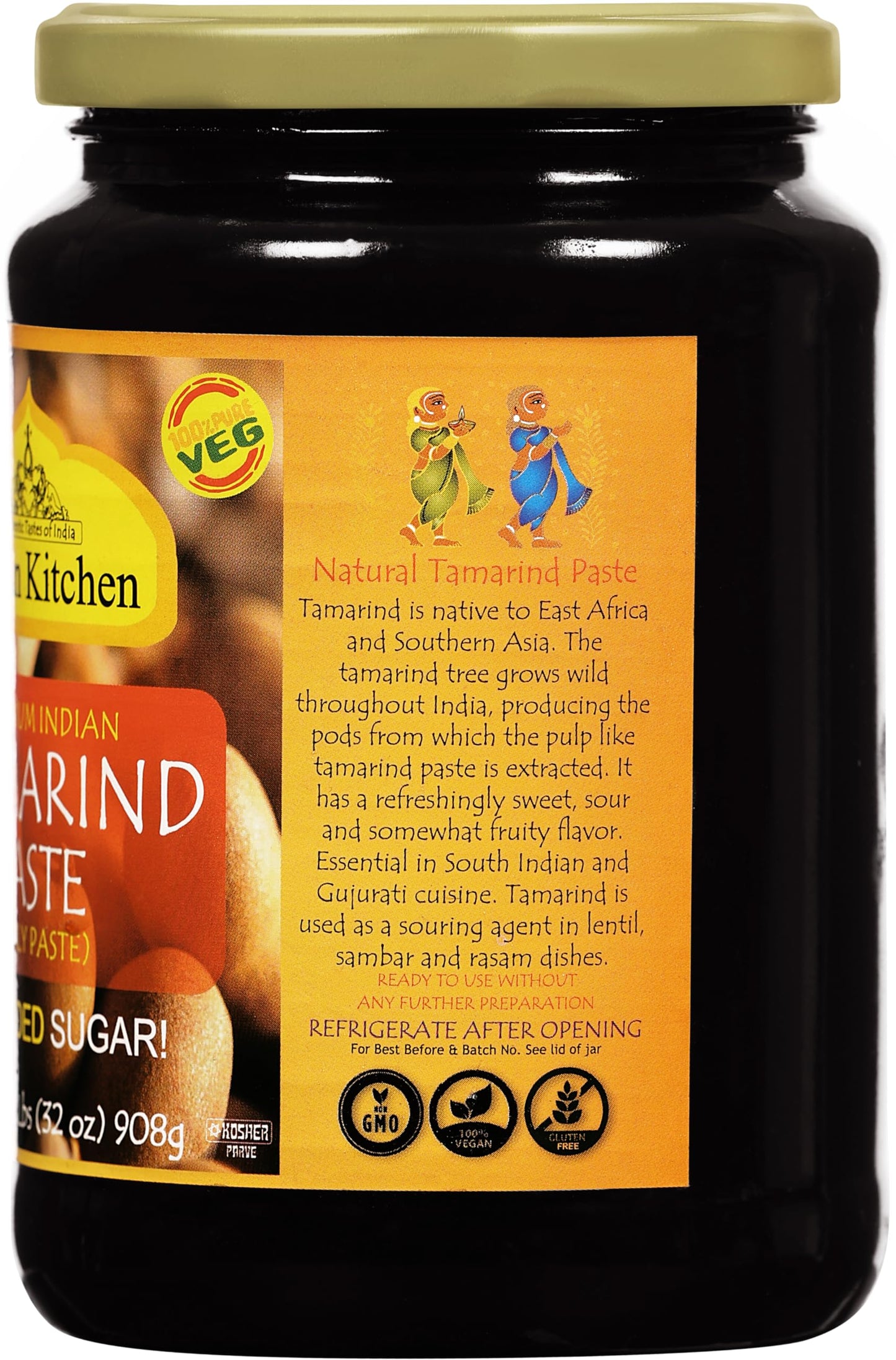 Asian Kitchen Tamarind Paste Puree (Imli) 32oz (908g) 2lbs Glass Jar, Gluten Free, No added sugar ~ All Natural | Vegan | NON-GM