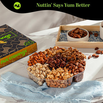 Nut Cravings Gourmet Mixed Nuts Gift Basket - 7 Assortments, 1 LB - Brown & Gold Box - Perfect for Easter, Birthdays, and Corporate Gifts