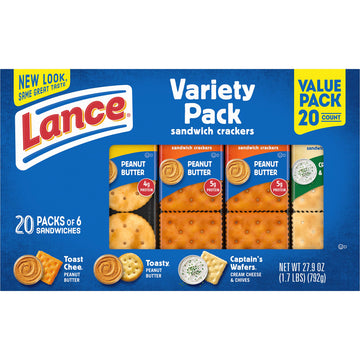 Lance Sandwich Crackers, Variety Pack, 3 Flavors, 20 Individually Wrapped Packs, 6 Sandwiches Each