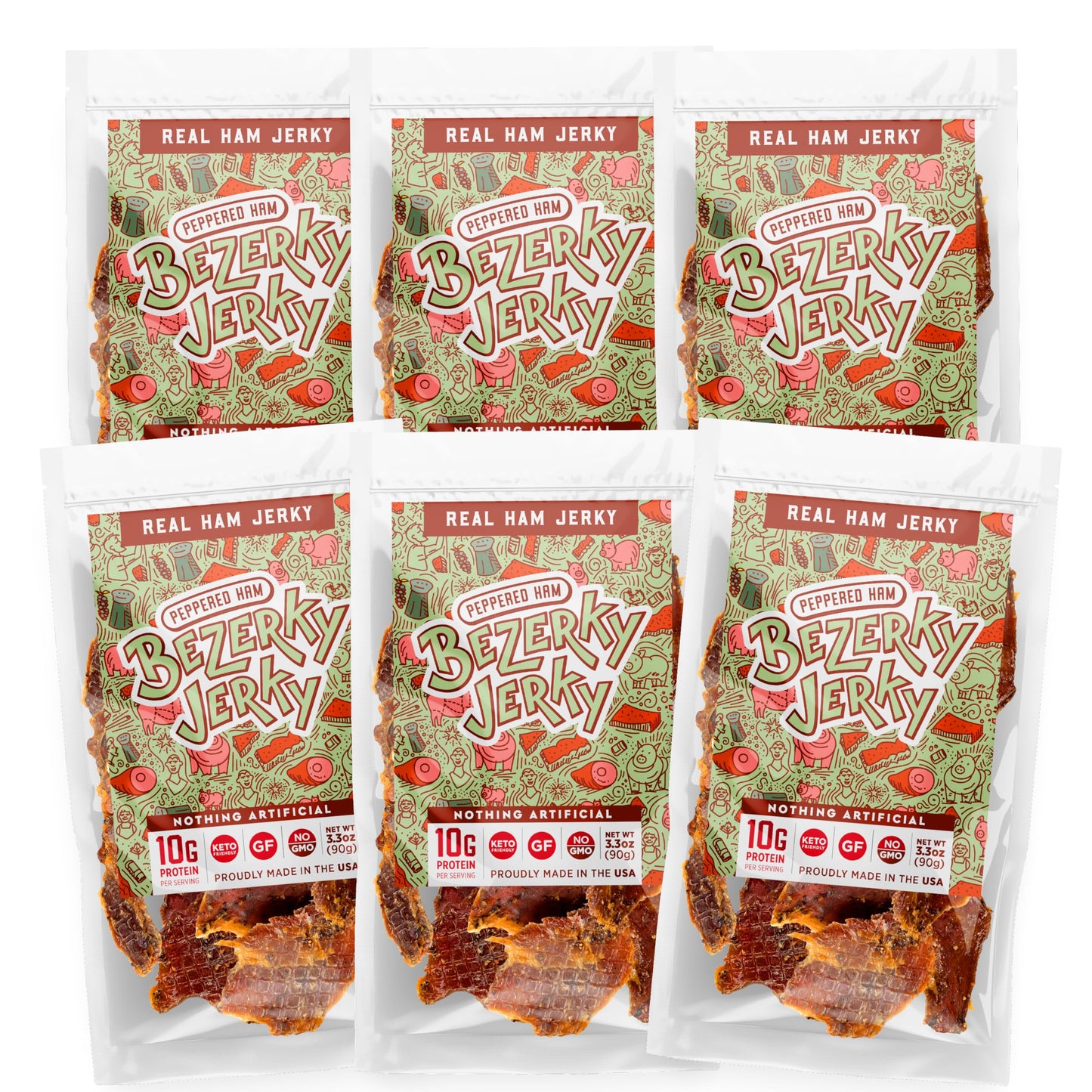Bezerky Jerky All Natural Peppered Ham Jerky, Low Fat, High Protein, Gluten-Free, 3.3 Ounce (Pack of 6)