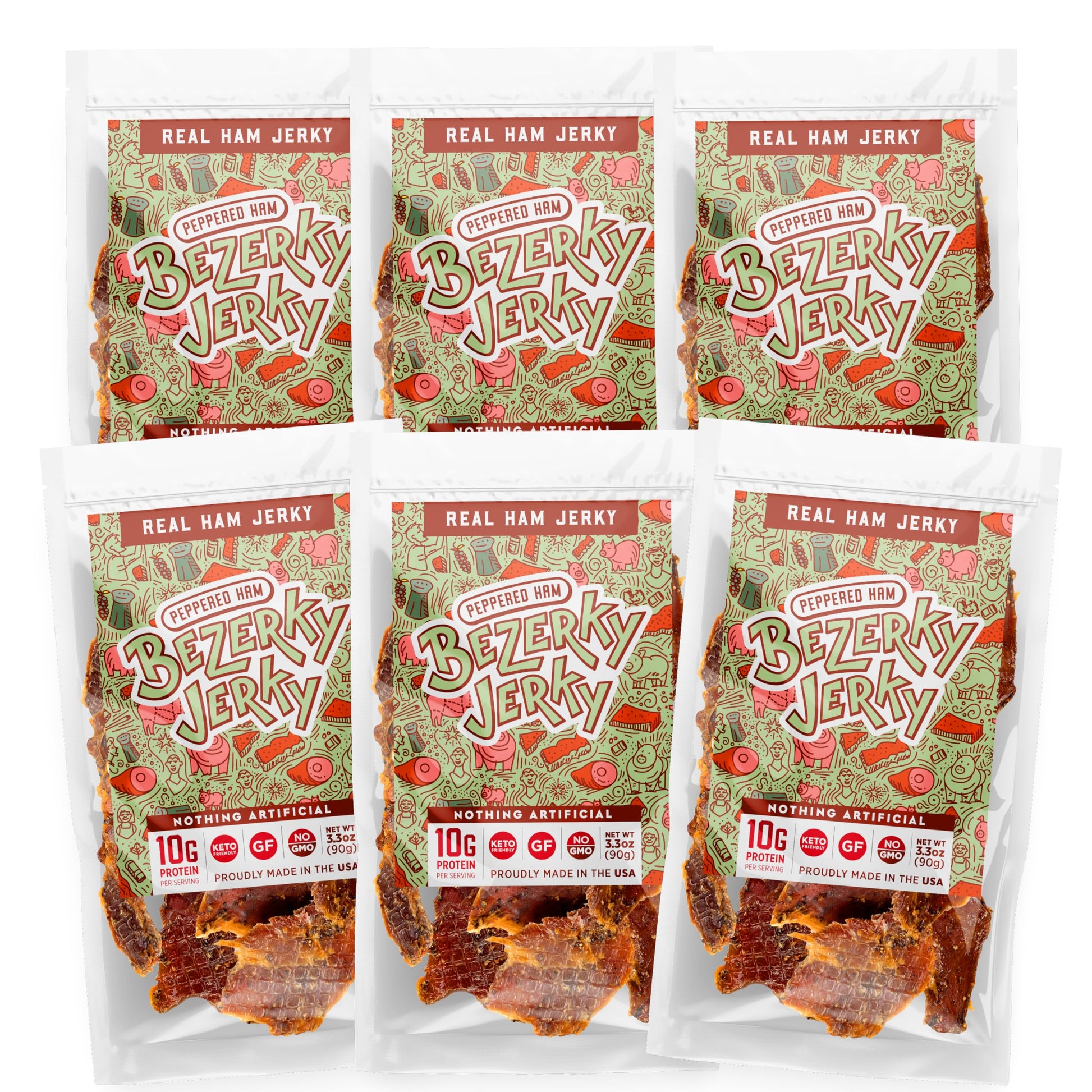 Bezerky Jerky All Natural Peppered Ham Jerky, Low Fat, High Protein, Gluten-Free, 3.3 Ounce (Pack of 6)