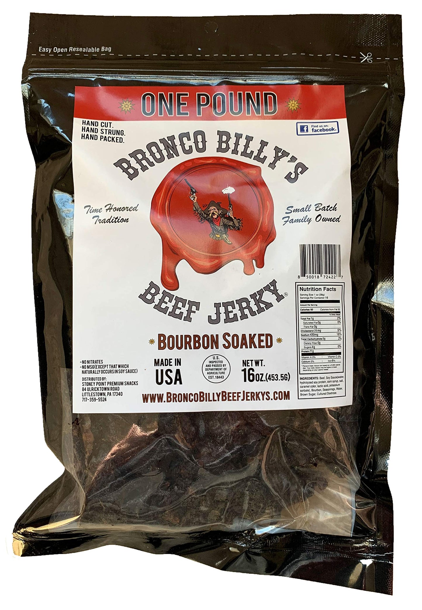Bronco Billys Beef Jerky Bourbon Soaked, 16 Ounce Resealable Bag