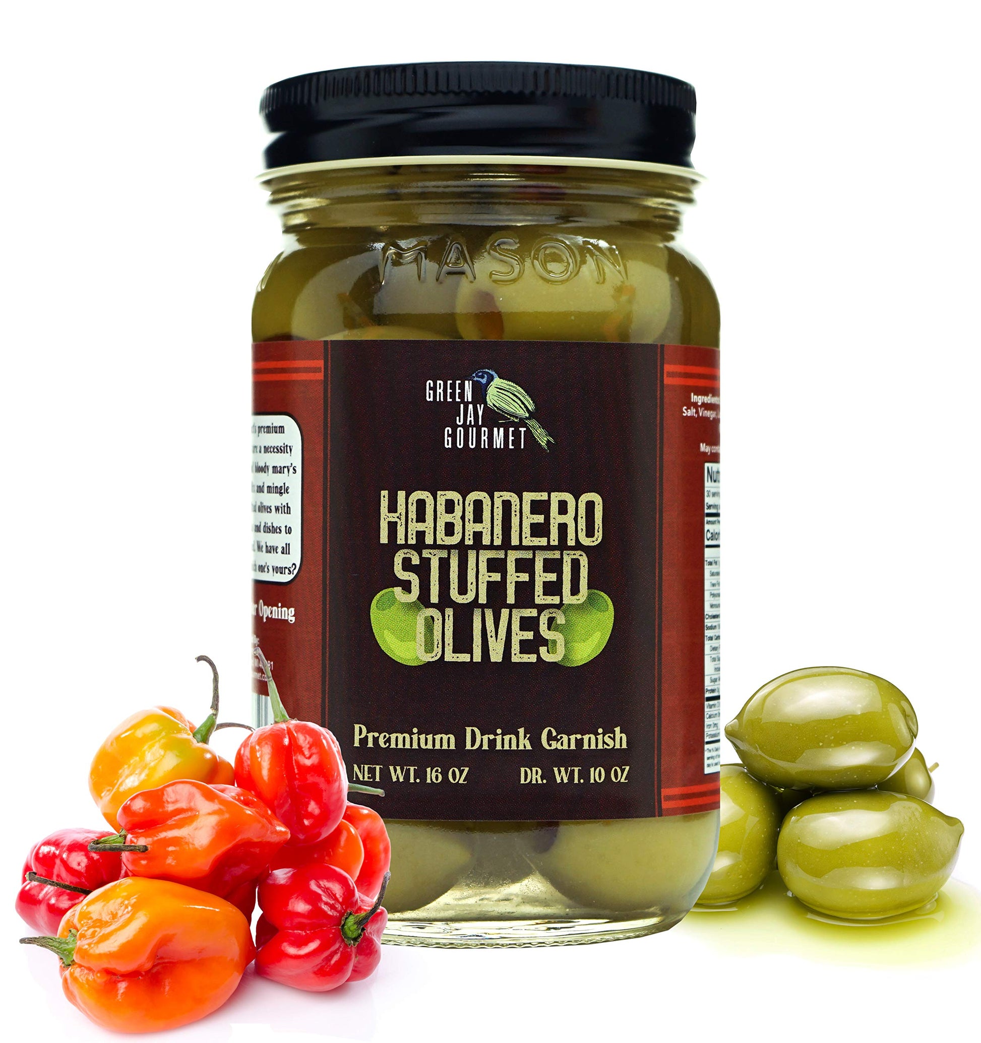 Green Jay Gourmet Habanero Stuffed Olives – Stuffed Green Olives For Cocktail Garnish & Cheese Board Recipes – Dirty Martini Olives & Cocktail Olives – Gourmet Olives – All Natural – Large – 16 Ounces