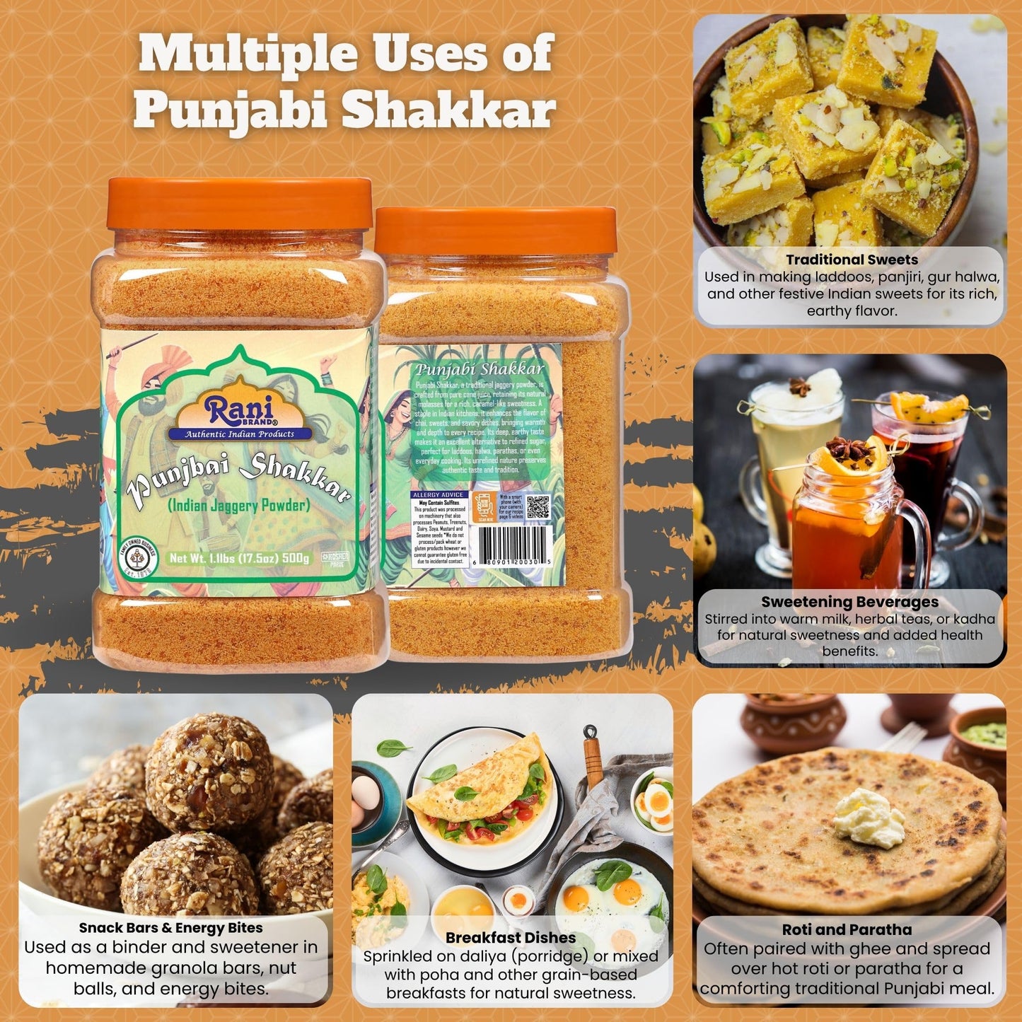 Rani Punjabi Shakkar (Gur Jaggery Powder) Indian Unrefined Raw Cane Sugar 17.5oz (1.1lbs) 500g PET Jar ~ Gluten Friendly | Vegan