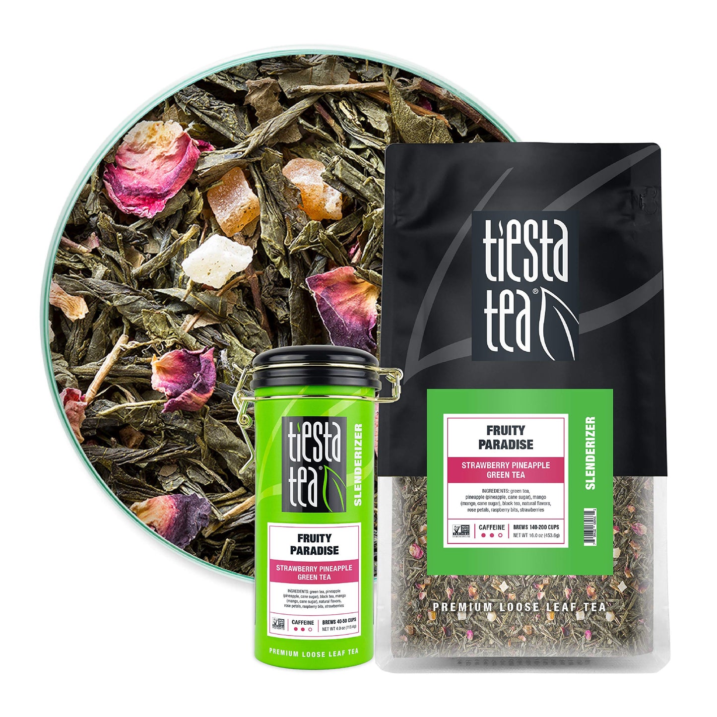 Tiesta Tea - Fruity Paradise, Loose Leaf Strawberry Pineapple Green Tea, Medium Caffeine, 4 Oz Tin & 1 Lb Bulk Bag, Natural, Hot & Iced Tea, Green Tea Loose Leaf