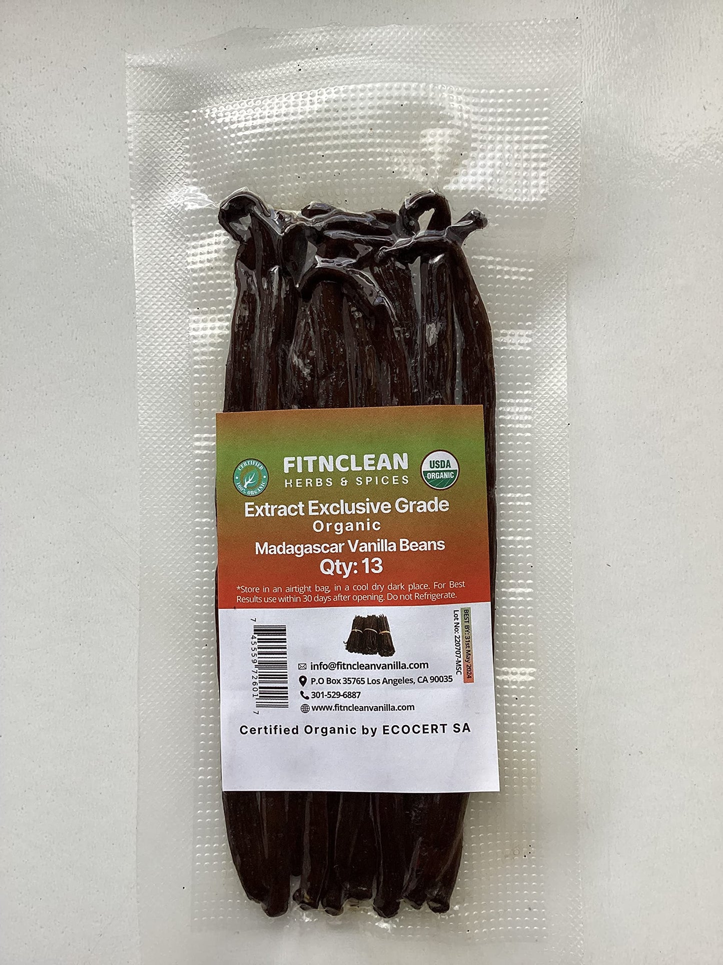FITNCLEAN VANILLA 13 Madagascar Organic Vanilla Beans Extract Grade B - 4.5-5.5, USDA Certified Organic, Non-GMO, 13 Count