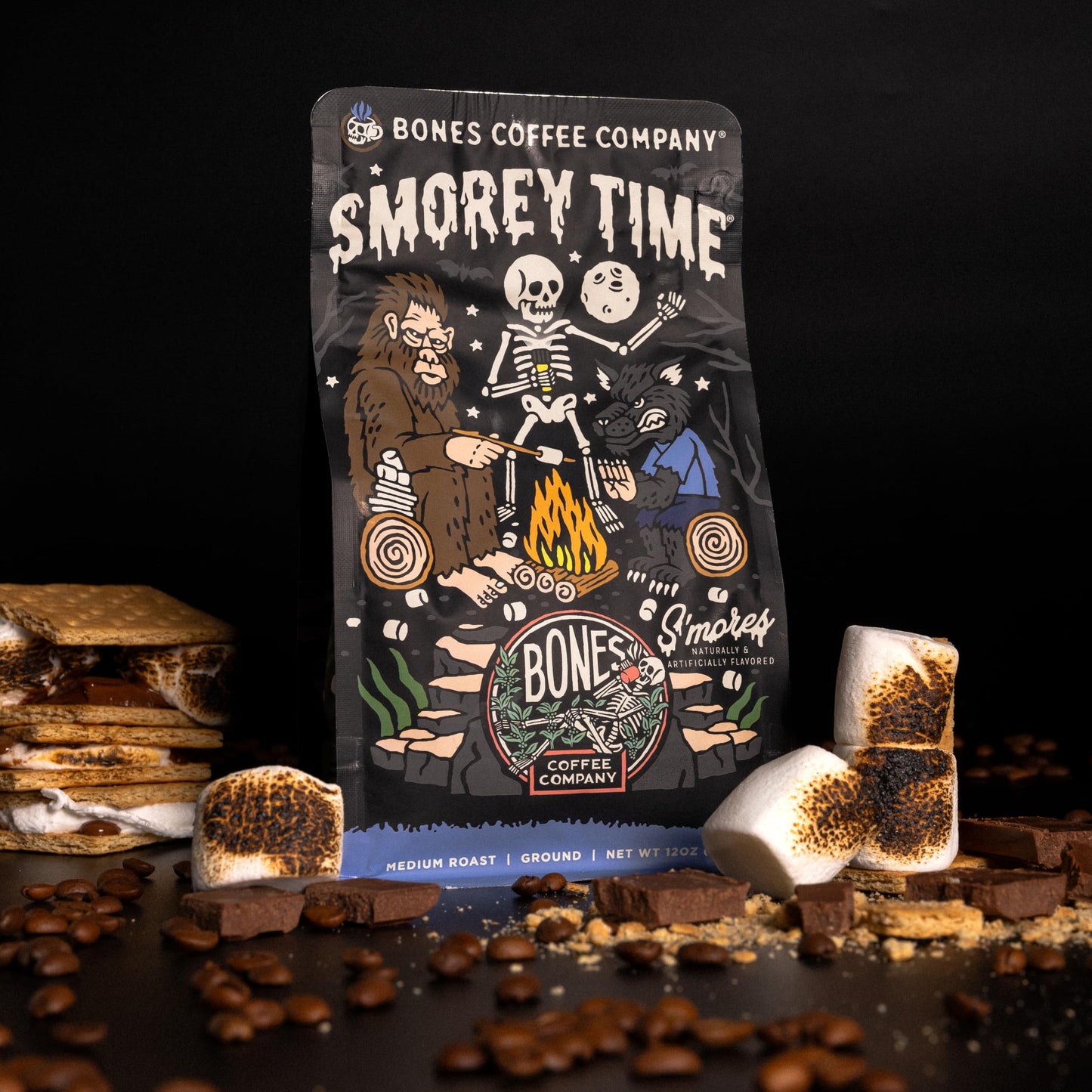 Bones Coffee Company S'Morey Time Ground Coffee Beans, S'Mores And Graham Crackers Flavor, Low Acid Flavored Coffee, Made With A