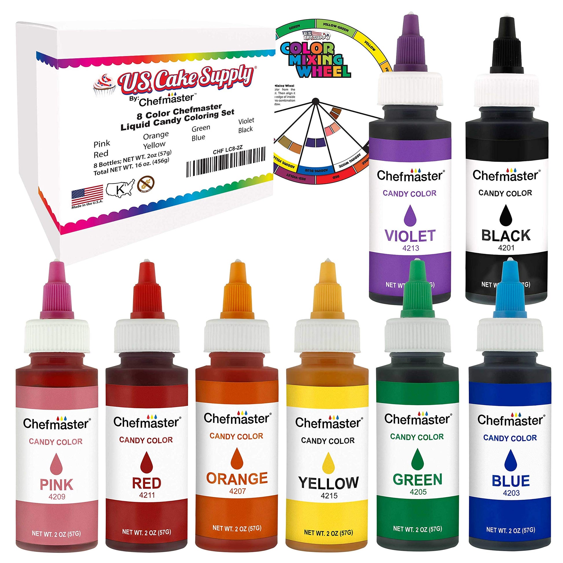 U.S. Cake Supply Large 2-Ounce Bottles Of Each Liquid Candy Food Color 8 Bottle Kit With Mixing Wheel For Chocolate And Candy Coloring