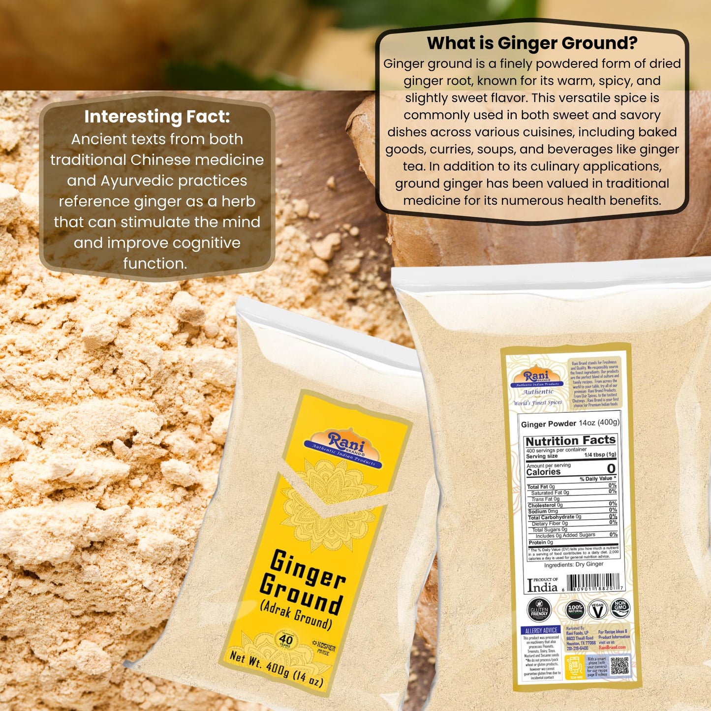Rani Ginger (Adarak) Powder Ground, Spice 14Oz (400G) ~ All Natural | Vegan | Gluten Friendly | Non-Gmo | Kosher | Indian Origin