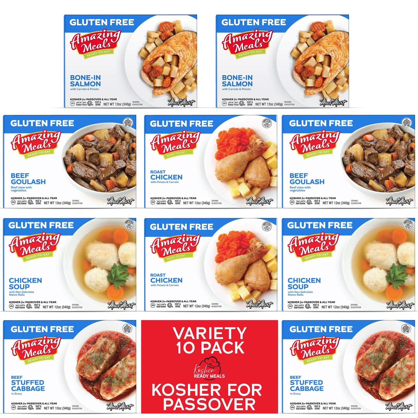 Kosher for Passover Ready Meals - Stuffed Cabbage, Beef Goulash, Roast Chicken, Chicken Soup, Bone-In Salmon MRE Meat Meals Read