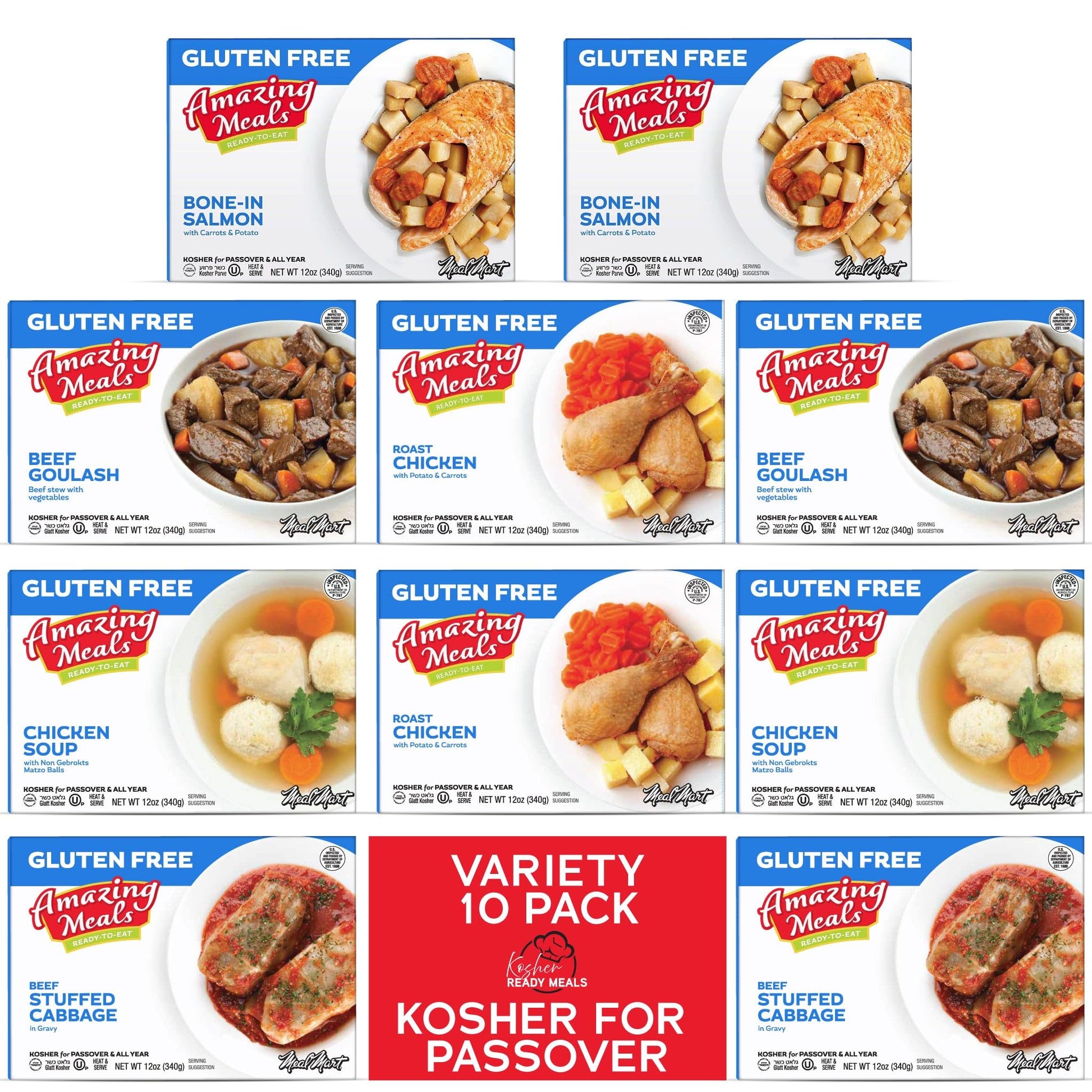 Kosher for Passover Ready Meals - Stuffed Cabbage, Beef Goulash, Roast Chicken, Chicken Soup, Bone-In Salmon MRE Meat Meals Read