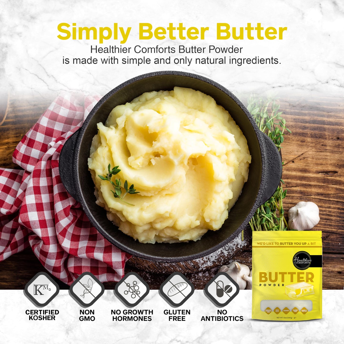 Healthier Comforts Butter Powder | Dehydrated, Shelf Stable Butter | Kosher, Gluten Free, Non-GMO | Popcorn, Baking, Seasoning |