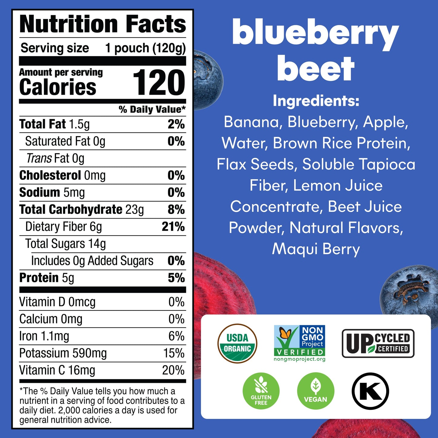 Noka Superfood Smoothie Pouches (Blueberry Beet) 4 Pack, with Plant Protein, Prebiotic Fiber & Flax Seed, Organic, Gluten Free,
