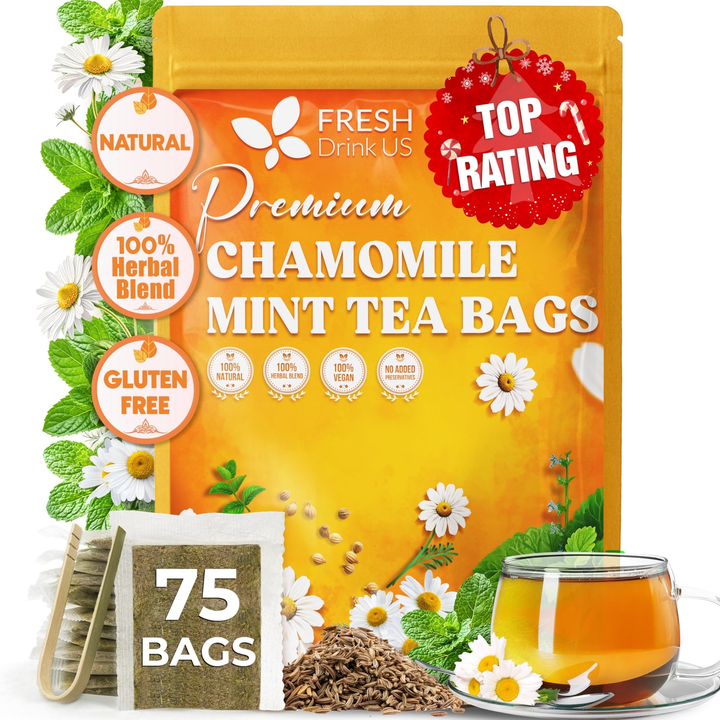 Freshdrinkus  Chamomile Mint Tea Bags | 75 Count | Refreshing Herbal Blend Of Chamomile Flower  Peppermint  Lemon Balm & Other Herbs - Smooth Floral & Minty Flavor - Top-Grade Quality  Energy Blend-Free