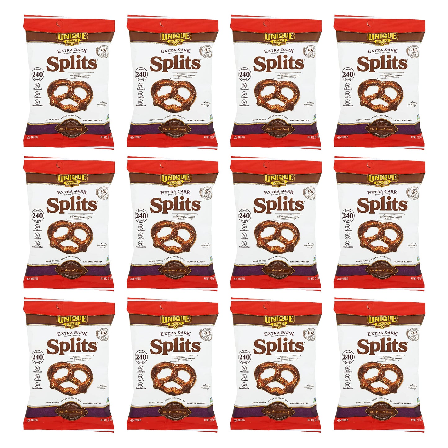 Unique Snacks Extra Dark Splits Pretzels, Vegan, 2.12 Oz. Bag, Pack of 12, OU Kosher, Non-GMO, Homestyle-Baked Snack