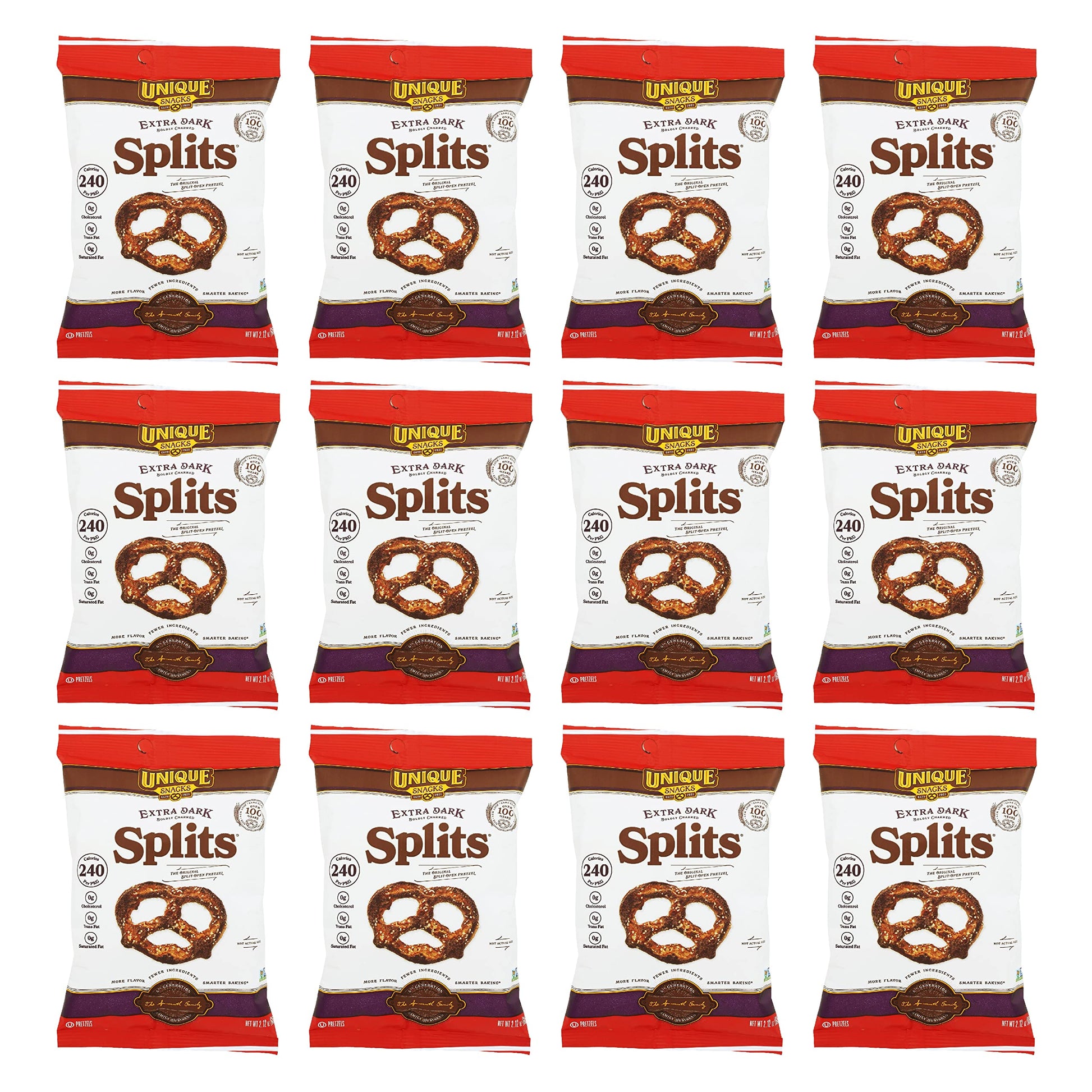 Unique Snacks Extra Dark Splits Pretzels, Vegan, 2.12 Oz. Bag, Pack of 12, OU Kosher, Non-GMO, Homestyle-Baked Snack