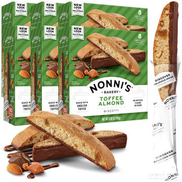 Nonni's Toffee Almond Biscotti Italian Cookies - 6 Boxes Biscotti Cookies w/English Toffee Bits - Biscotti Individually Wrapped 