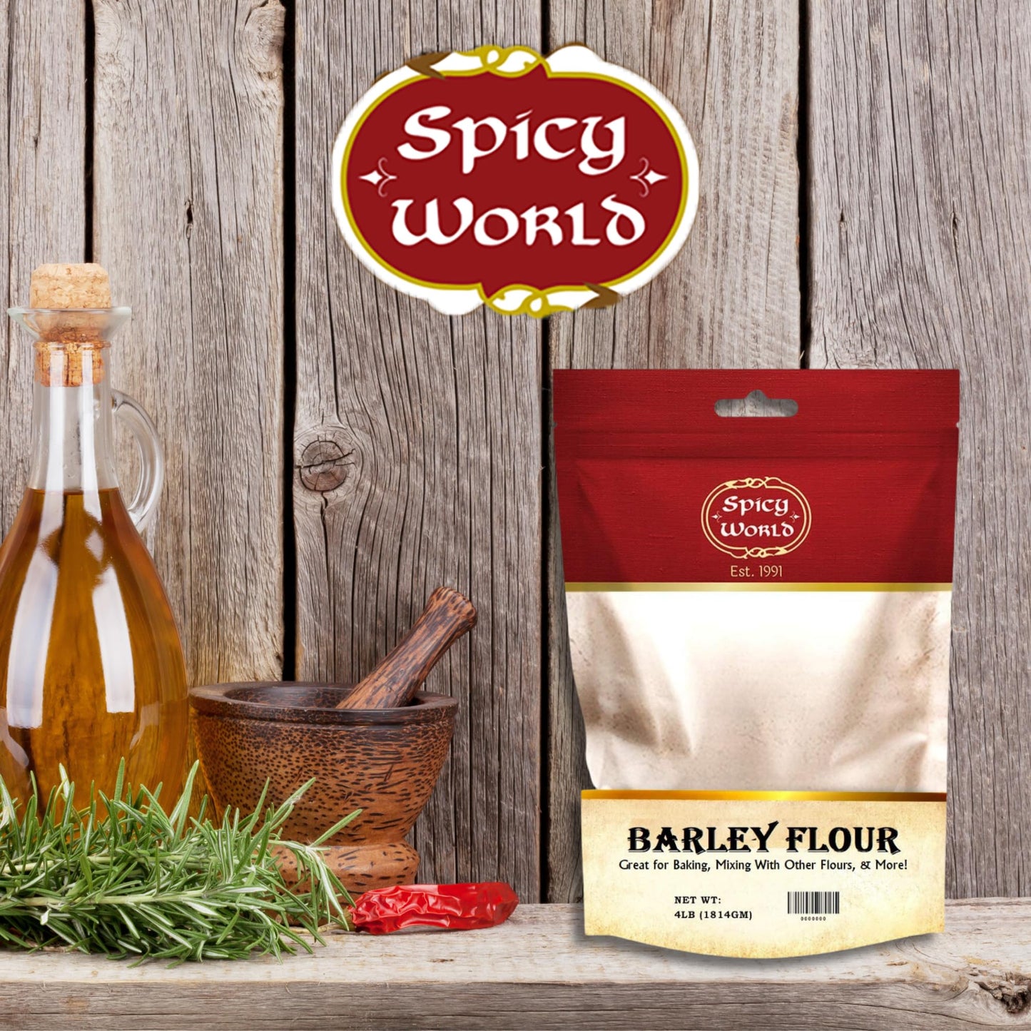 Spicy World Barley Flour - 4 lb (64oz) Bag | All-Natural, Raw, USA Grown | Versatile Barley Grain for Baking, Cooking, and More