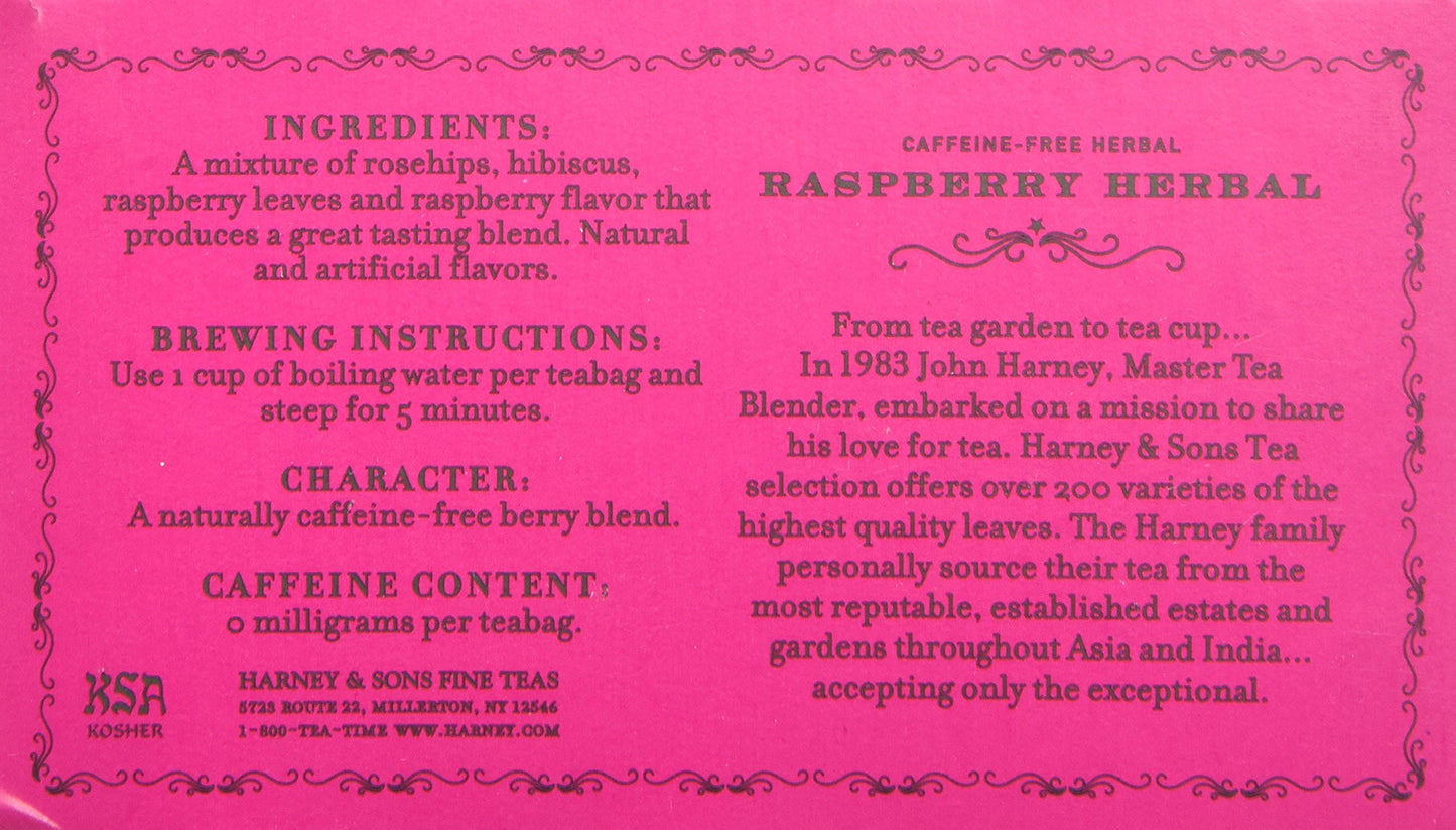 Harney & Sons Herbal Tea - Raspberry, Caffeine-Free, 50 Tea Bags, Red, Model 16122