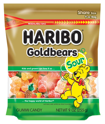 Haribo Gummi Candy, Sour Goldbears, 9 Oz. Stand Up Bag (Pack Of 6)