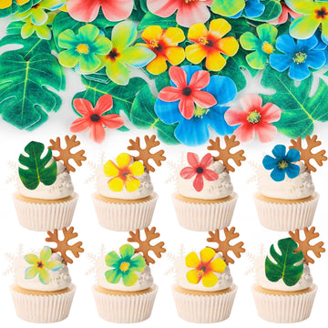 Gyufise 83Pcs Edible Tropical Palm Leaves Flowers Cupcake Toppers Palm Leaf Mini Flowers Cupcake Picks Hawaii Theme Cake Decorat