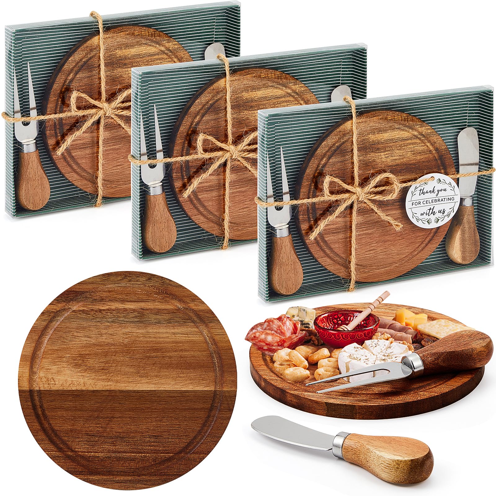 Maxcheck 3 Sets Baby Shower Bridal Game Prizes For Winners Round Cheese Board Set Wood Mini Charcuterie Board With Cutting Tool And Forks Thank You Card With Gift Box For Guests Wedding (Acacia)